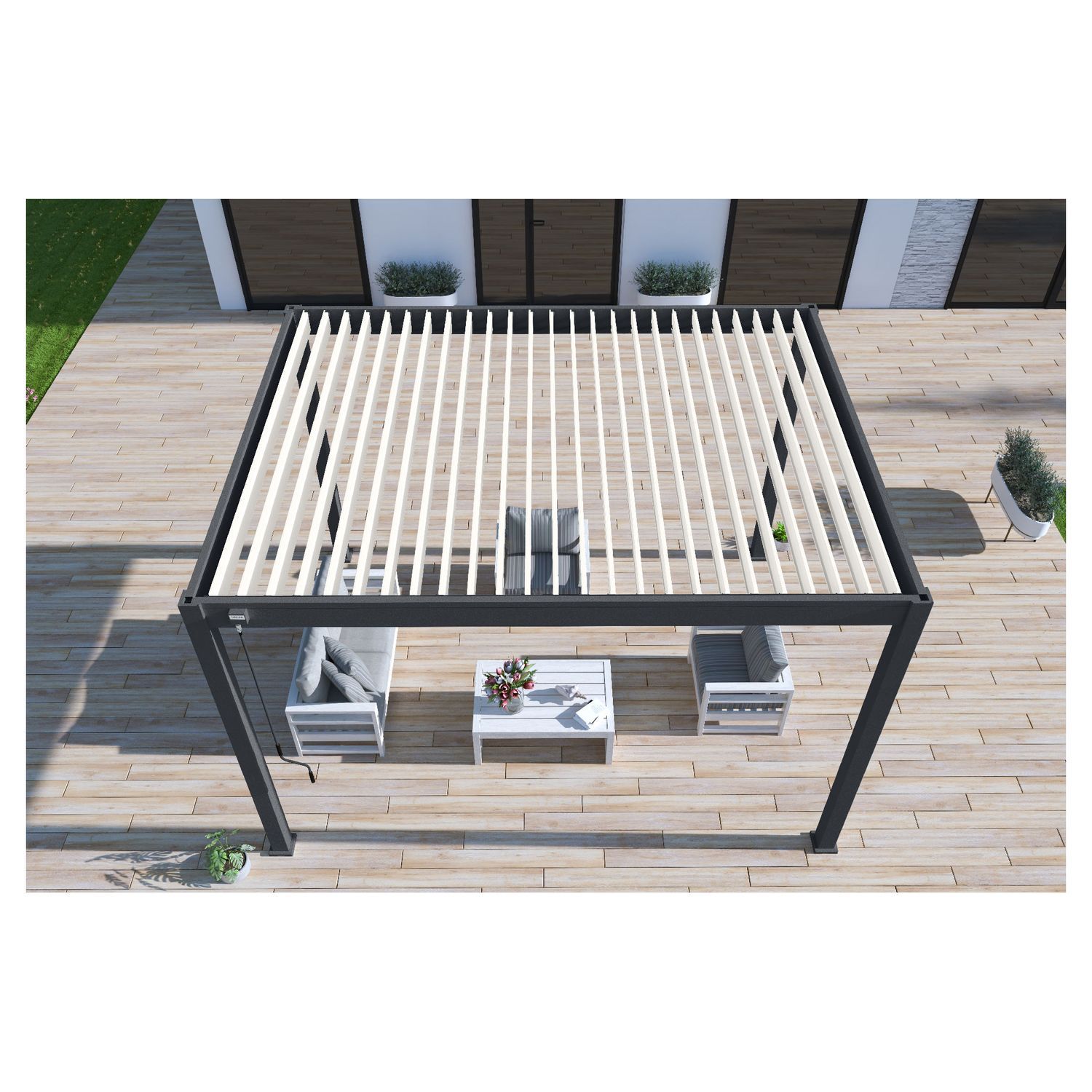Voir la diapositive 7 : Pergola bioclimatique autoportante 3x4m Anthracite/blanc - OMBREA