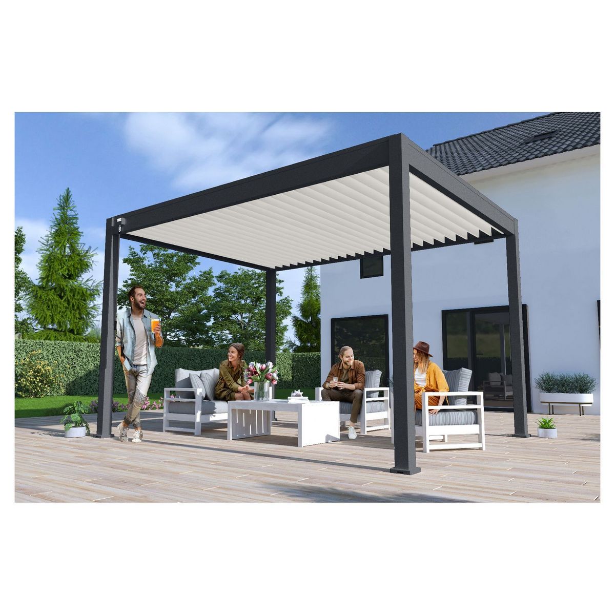 Pergola bioclimatique autoportante 3x4m Anthracite/blanc - OMBREA