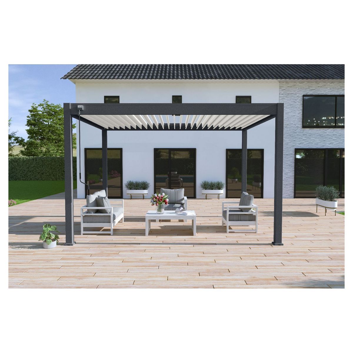 Pergola bioclimatique autoportante 3x4m Anthracite/blanc - OMBREA