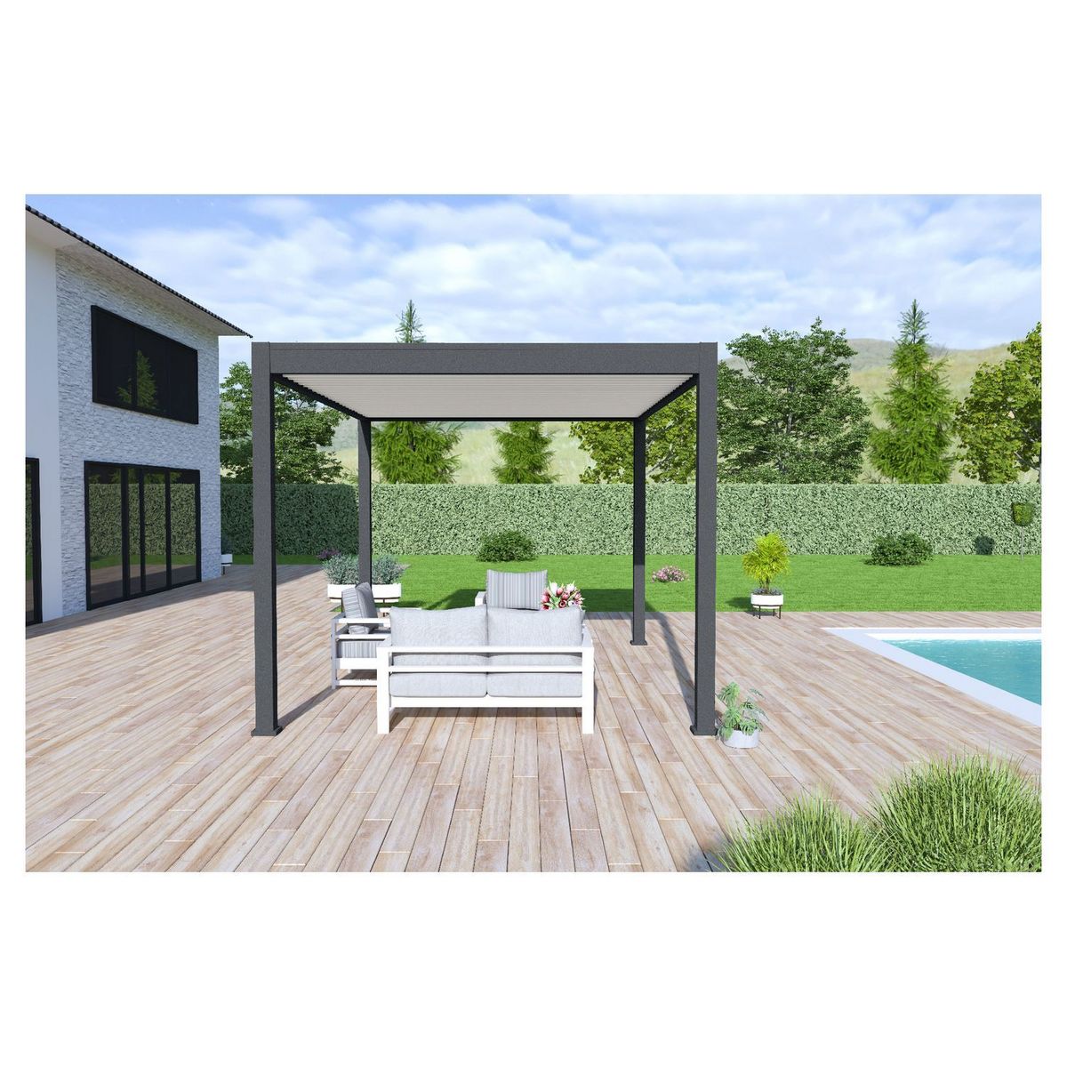 Pergola bioclimatique autoportante 3x4m Anthracite/blanc - OMBREA