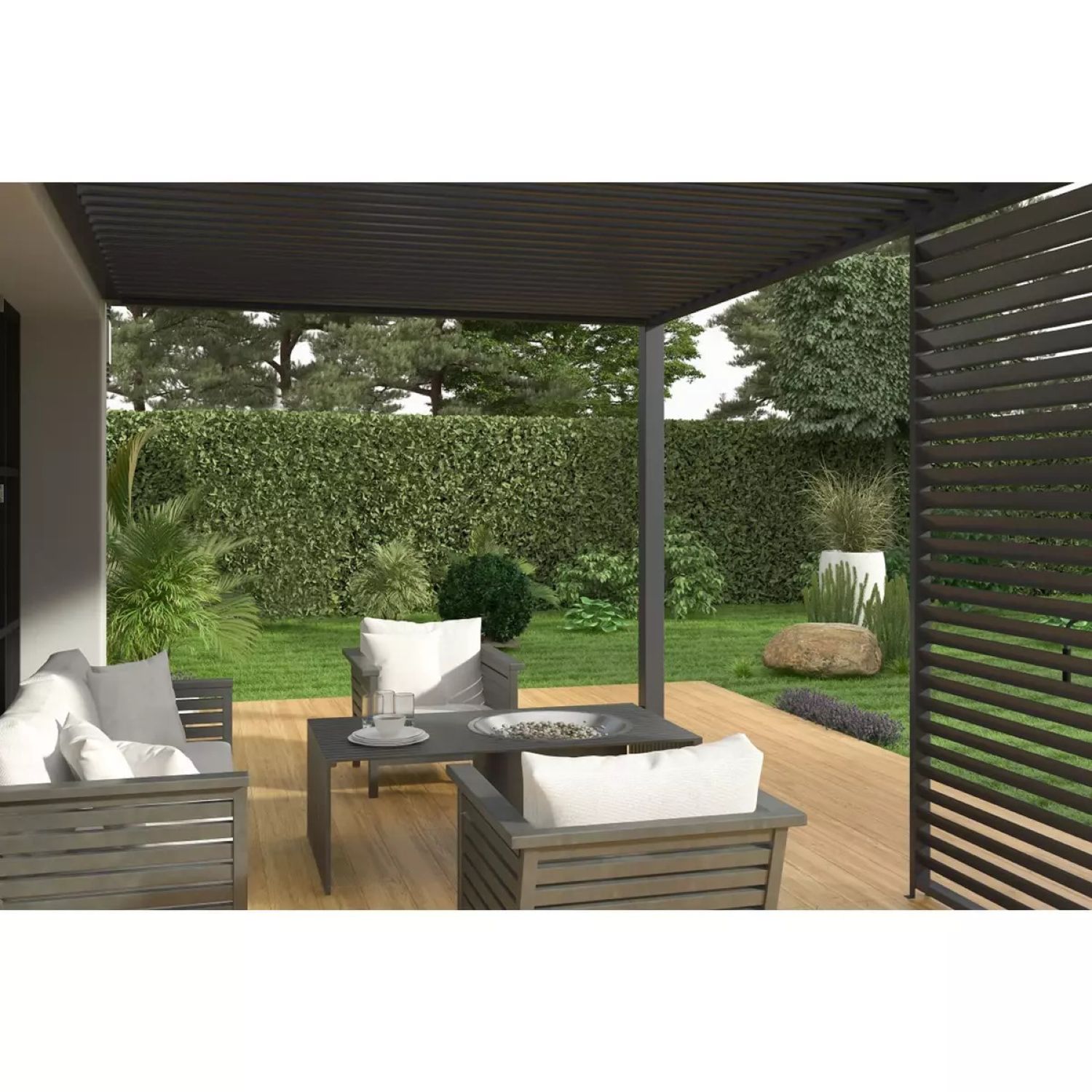 Voir la diapositive 2 : OMBREA Pergola bioclimatique - Adossée - aluminium Anthracite - 3x4m