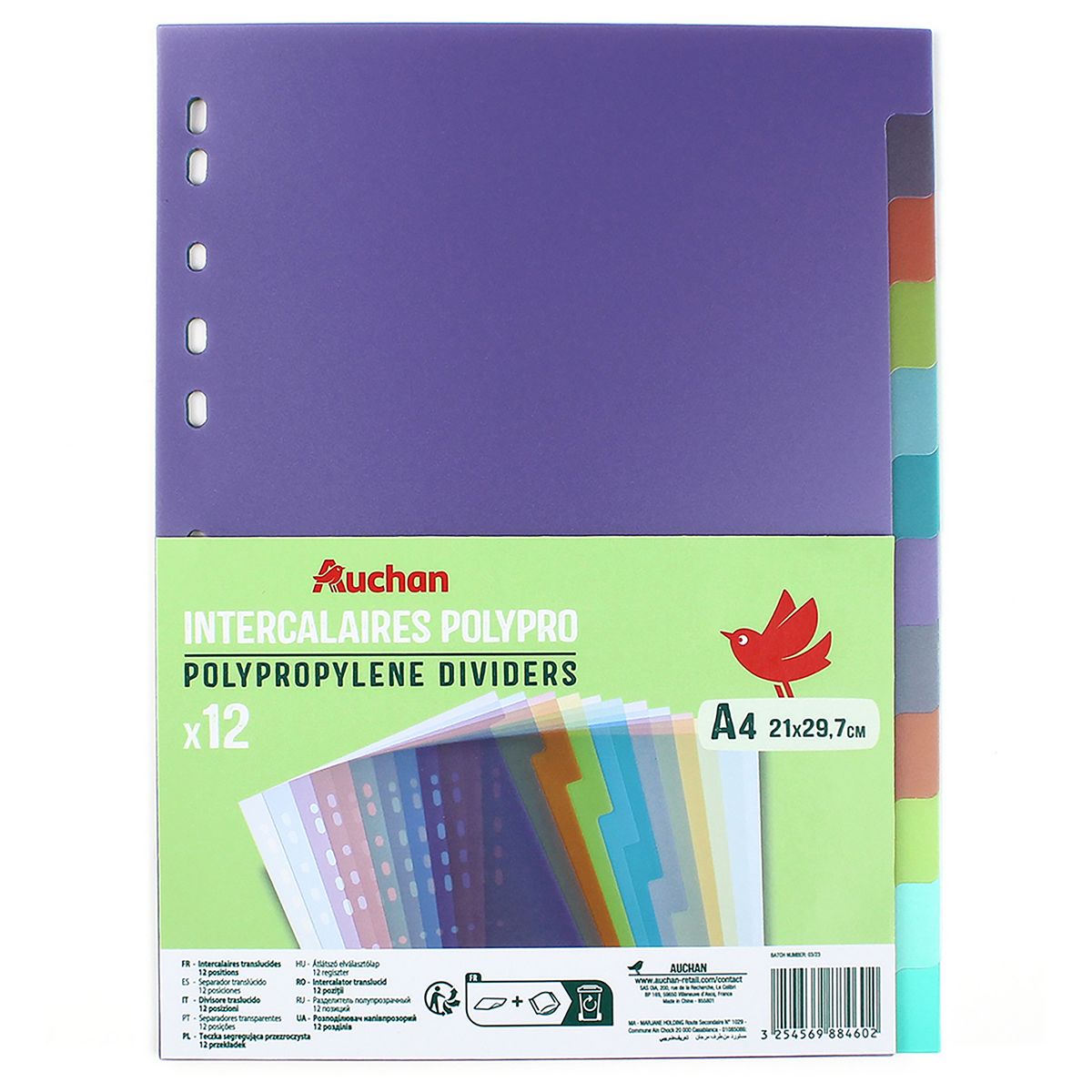 AUCHAN Intercalaires en Polypropylène Format A4 - 12 Positions - Translucide
