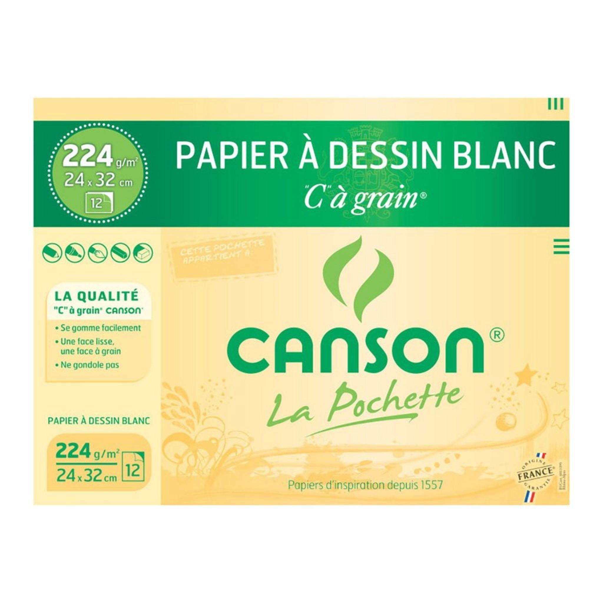 CANSON Pochette papier à dessin blanc à grain 12 feuilles 24x32 cm 224g
