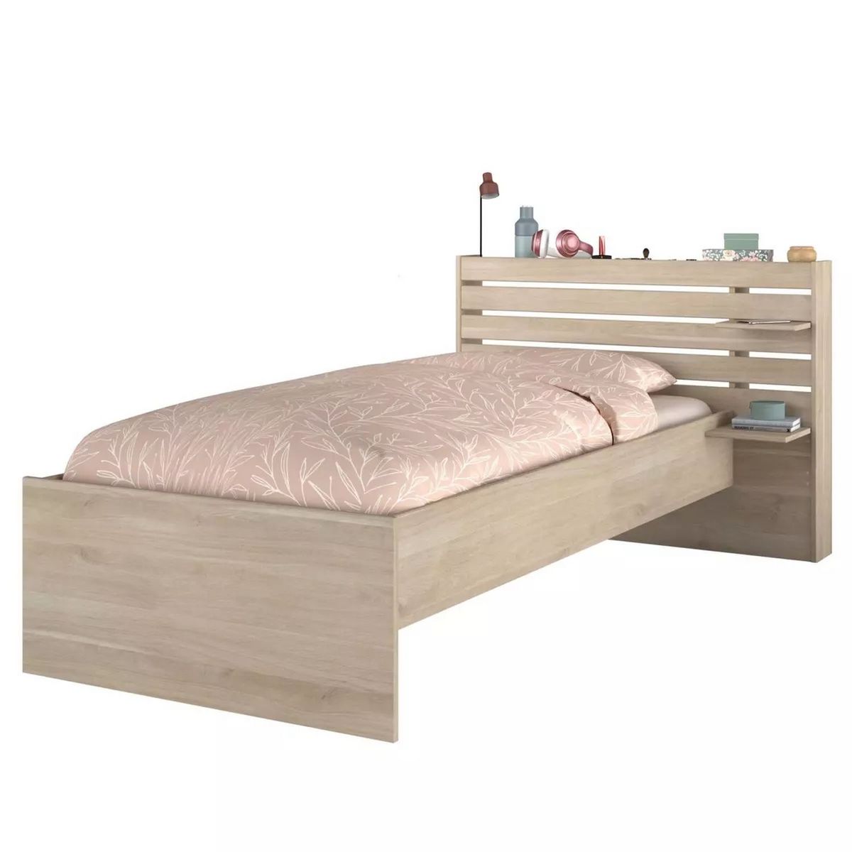 Lit 1 place 90x190/200 cm avec tête de lit et étagère PIA