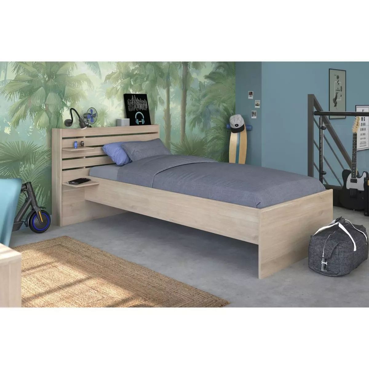 Lit 1 place 90x190/200 cm avec tête de lit et étagère PIA