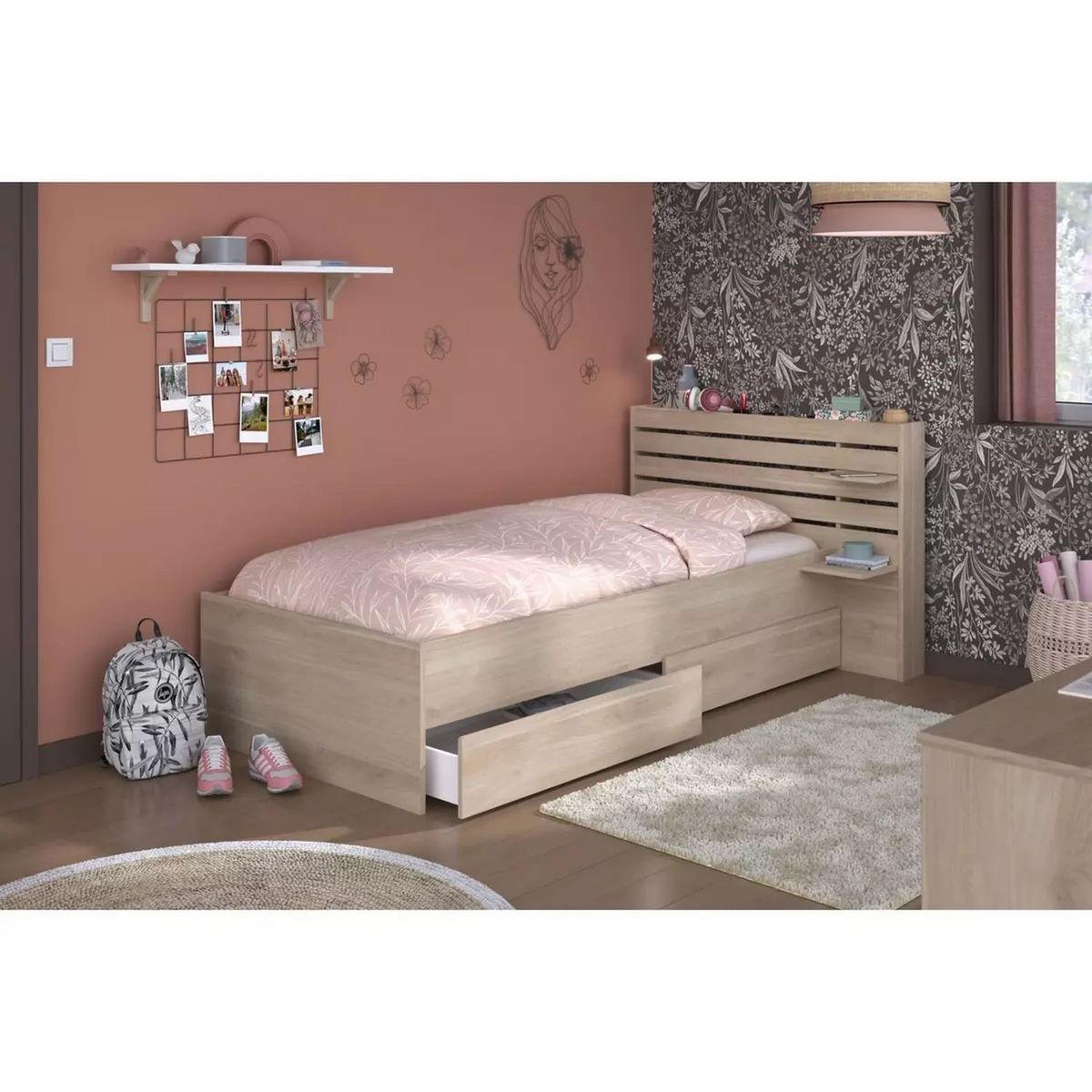 Lit 1 place 90x190/200 cm avec tête de lit et étagère PIA