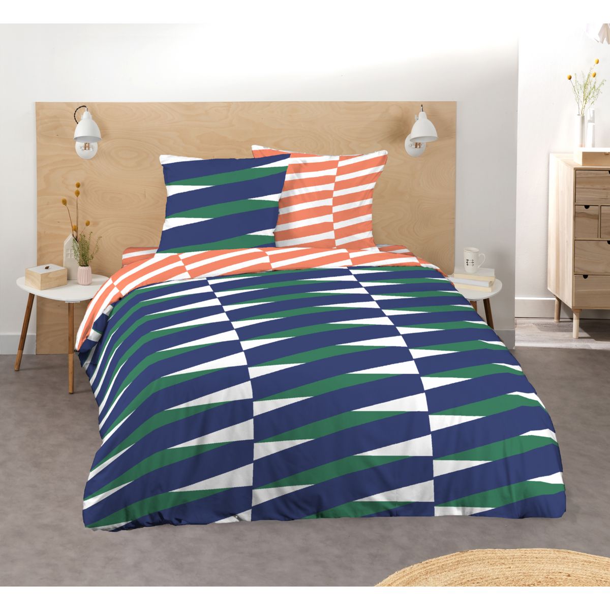 ACTUEL Parure housse de couette en coton 65 fils motif rayures ALIX