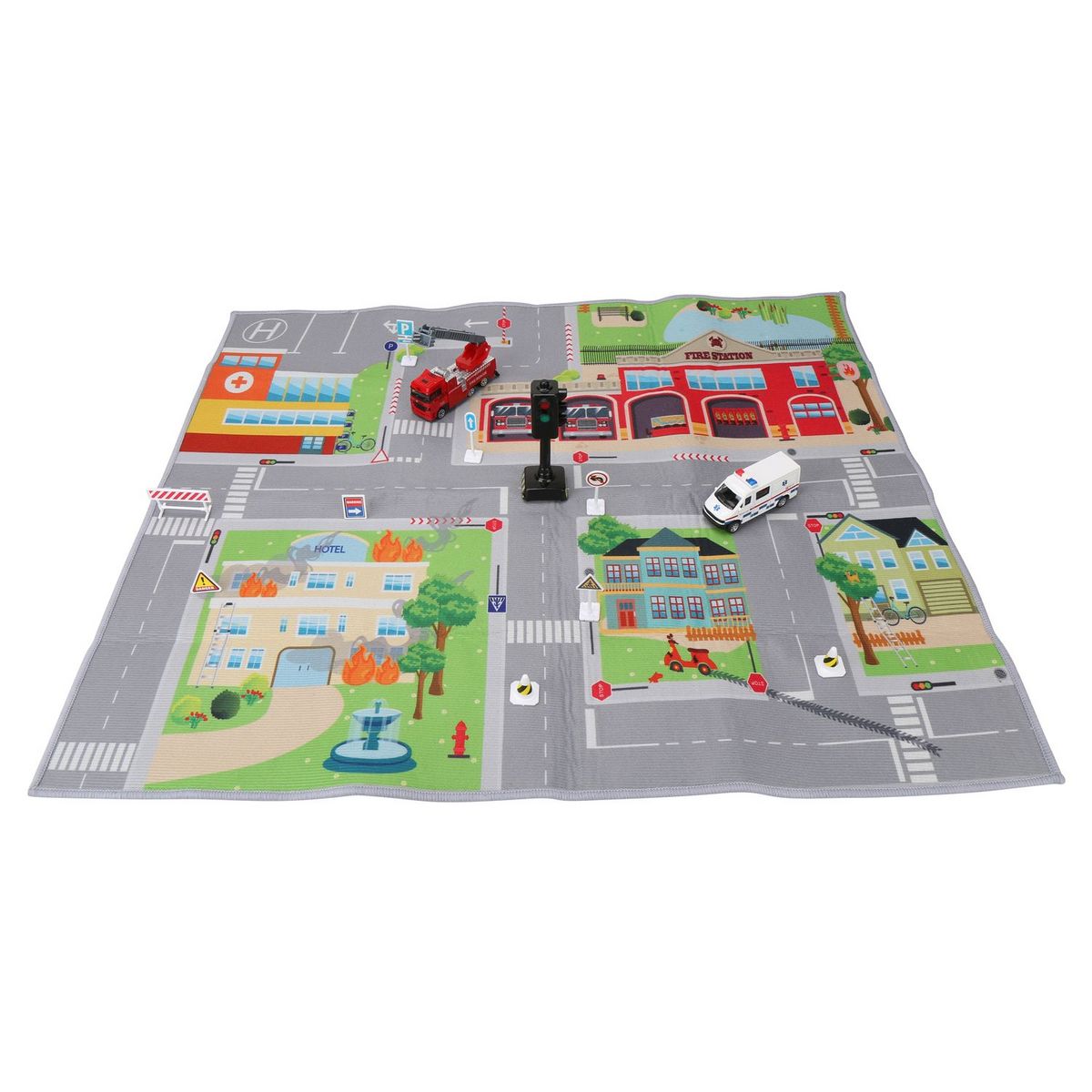 ONE TWO FUN Ensemble Tapis et véhicules de pompier et ambulances