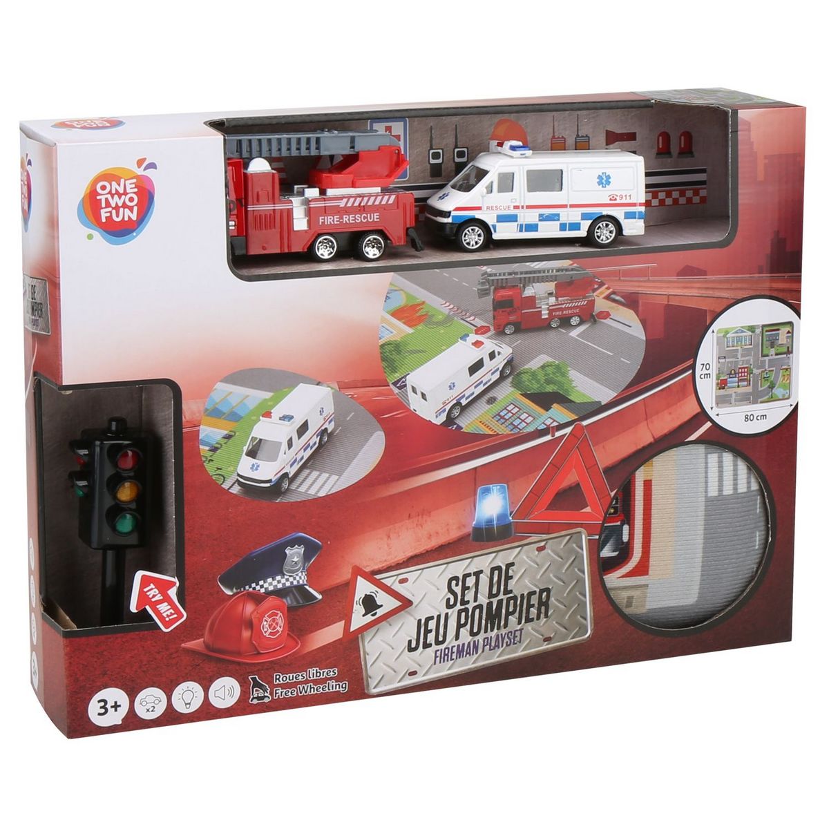ONE TWO FUN Ensemble Tapis et véhicules de pompier et ambulances