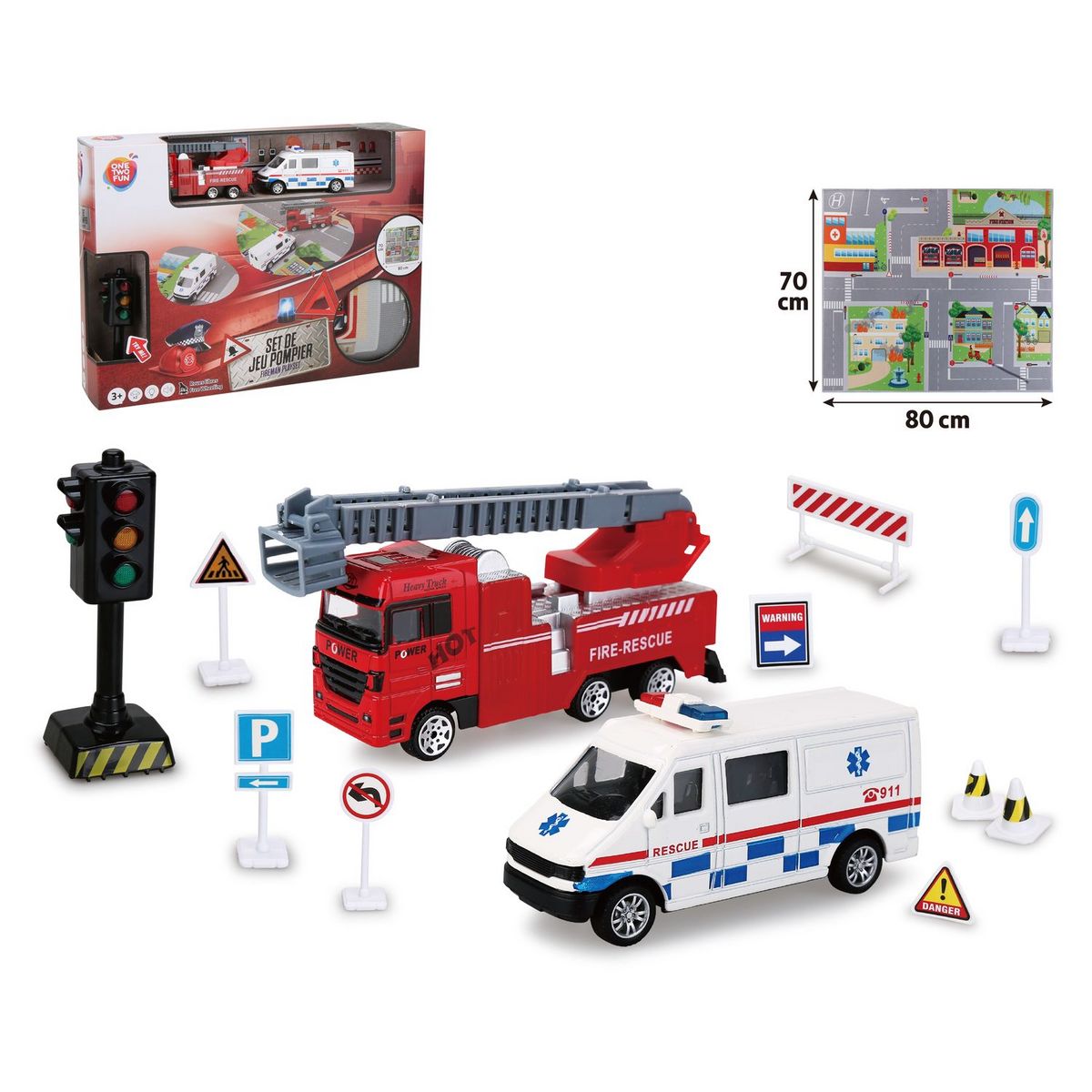 ONE TWO FUN Ensemble Tapis et véhicules de pompier et ambulances