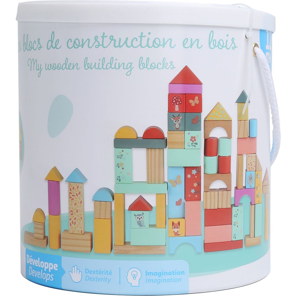 ONE TWO FUN Baril de briques en bois colorées