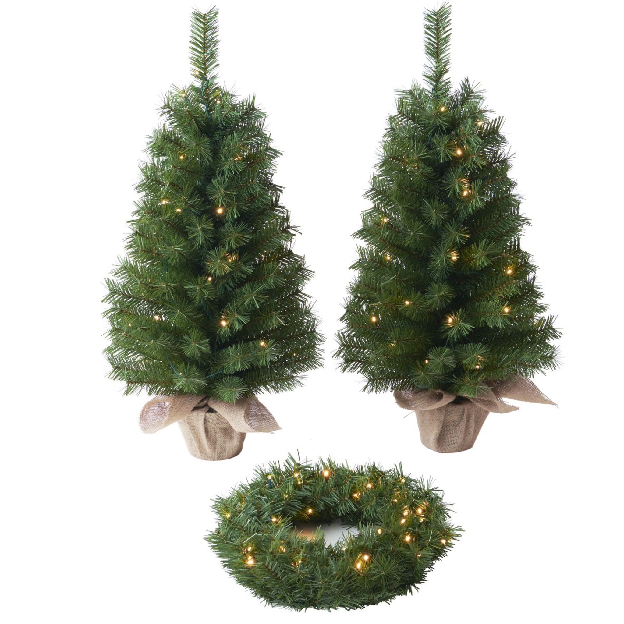 ACTUEL Lot 2 Sapins 90 cm + Couronne 45 cm - Blanc Chaud