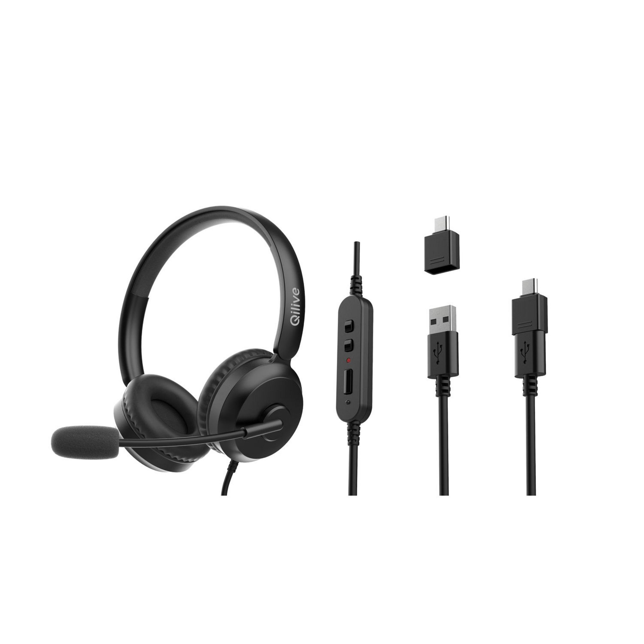 Voir la diapositive 2 : QILIVE Casque de bureau filaire Q3506 + Adaptateur USB C - Noir