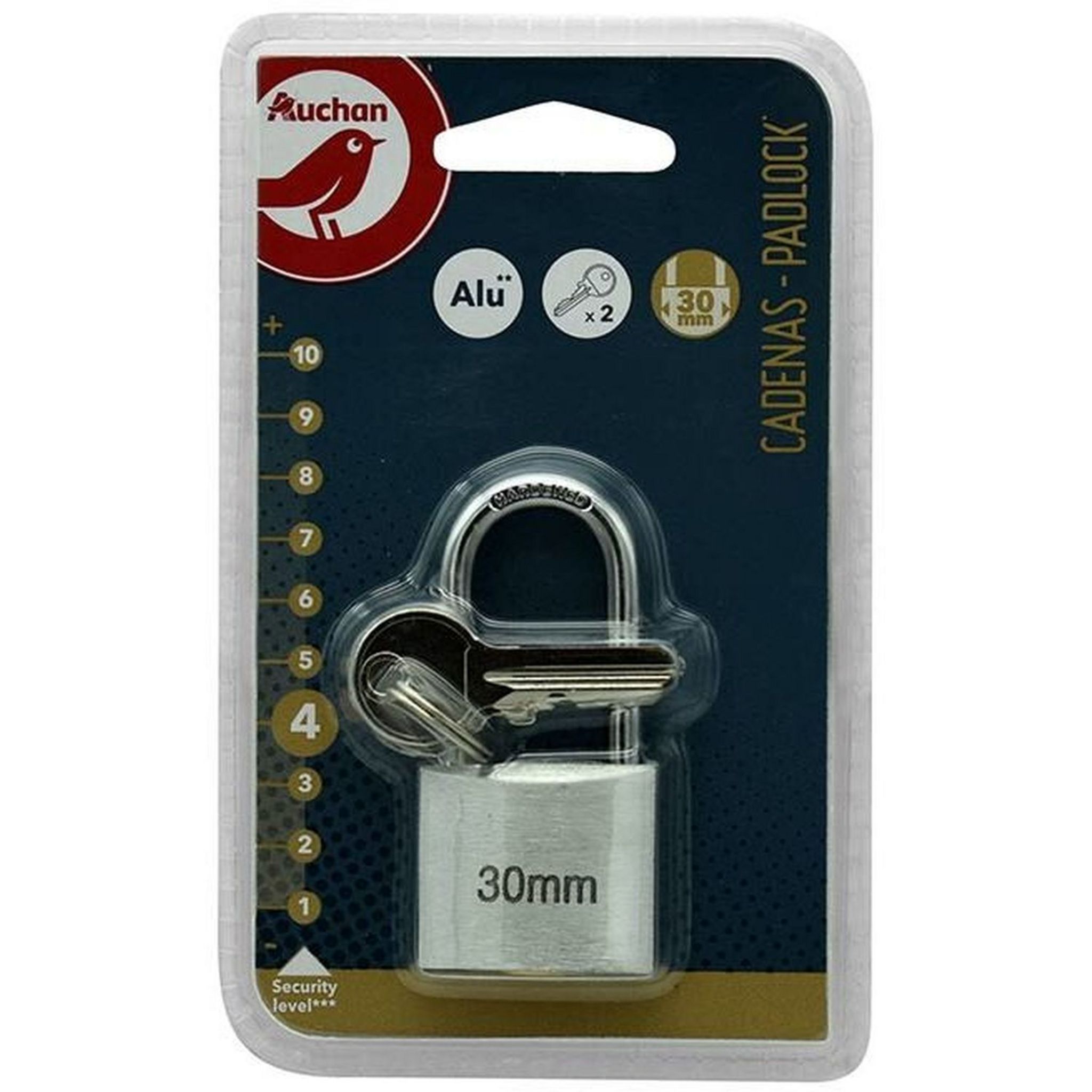 Voir la diapositive 2 : AUCHAN Cadenas 30mm Alu Clé sécurité x2 - gris