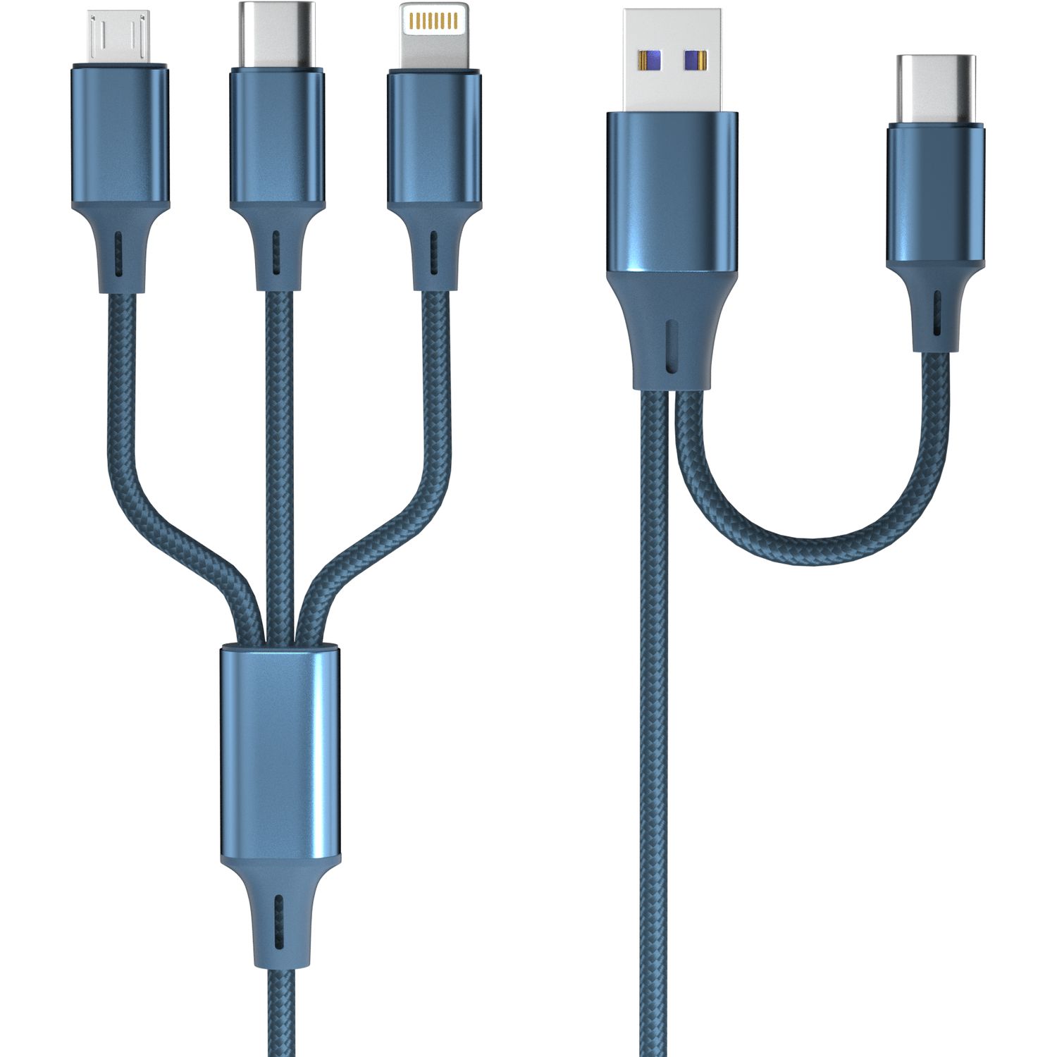 Voir la diapositive 2 : QILIVE Câble de charge Lightning/USB/USB C 1.2m - Bleu