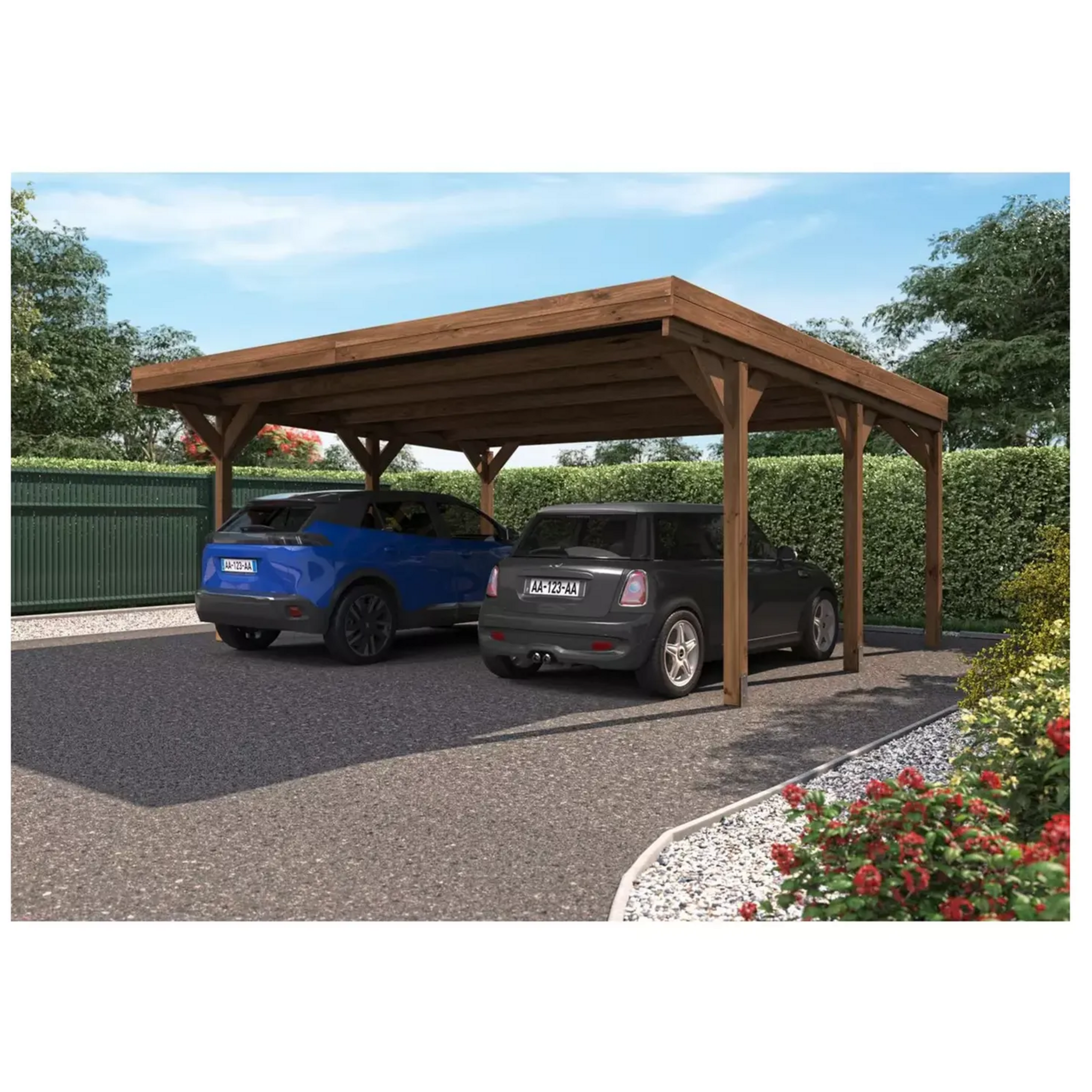 CERLAND Carport toit plat - Bois traité autoclave - 2 voitures - 30,9m² - VICTOR