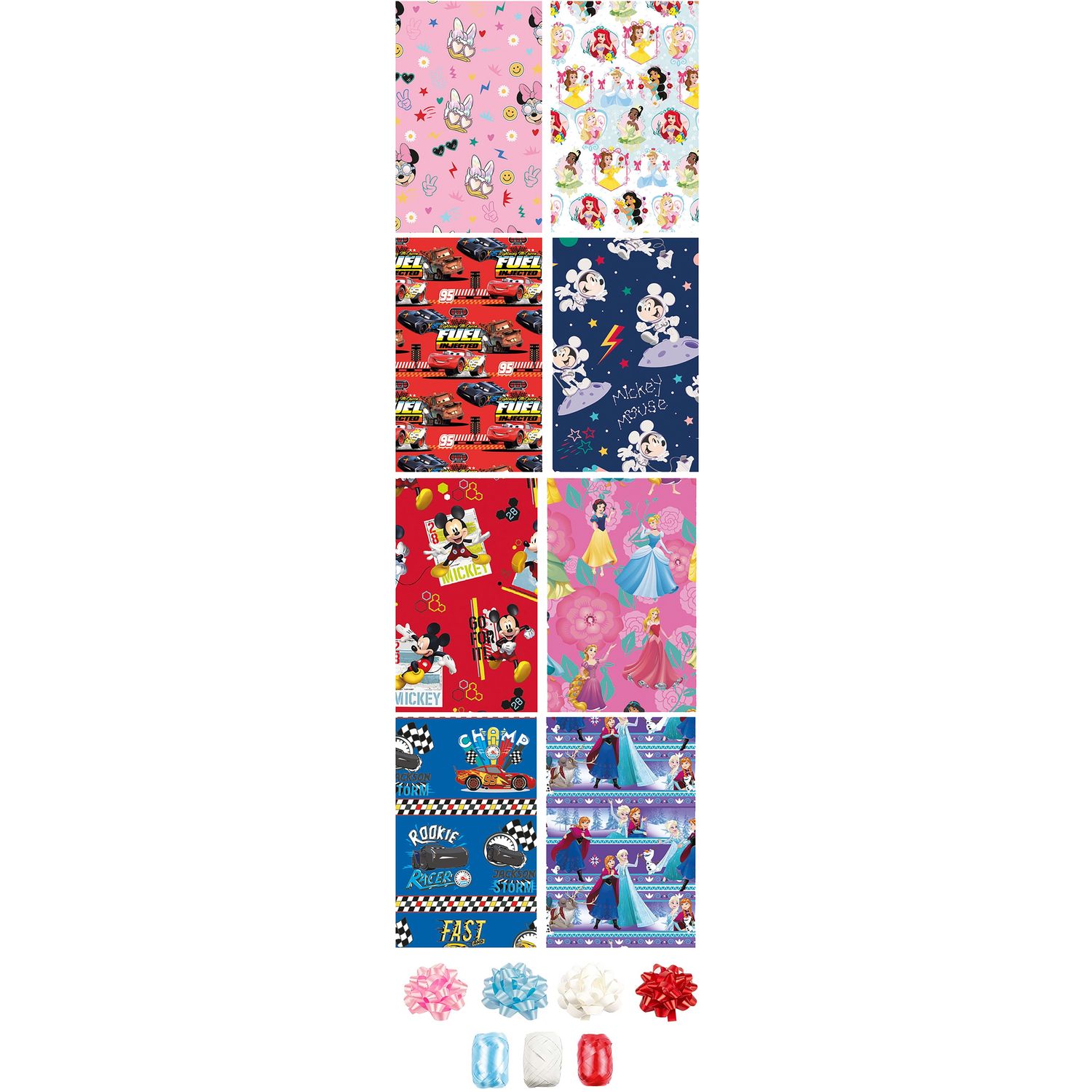 Voir la diapositive 2 :  4 rouleaux de papier cadeau Cars, Toy story, Princesses et Frozen + 7 nœuds + 2 bolducs