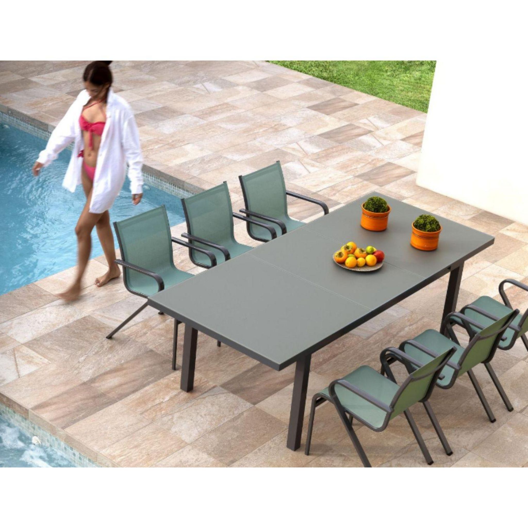 Voir la diapositive 2 : TERRIA Table de jardin en aluminium plateau en verre 6/8 places FRAISE - Gris