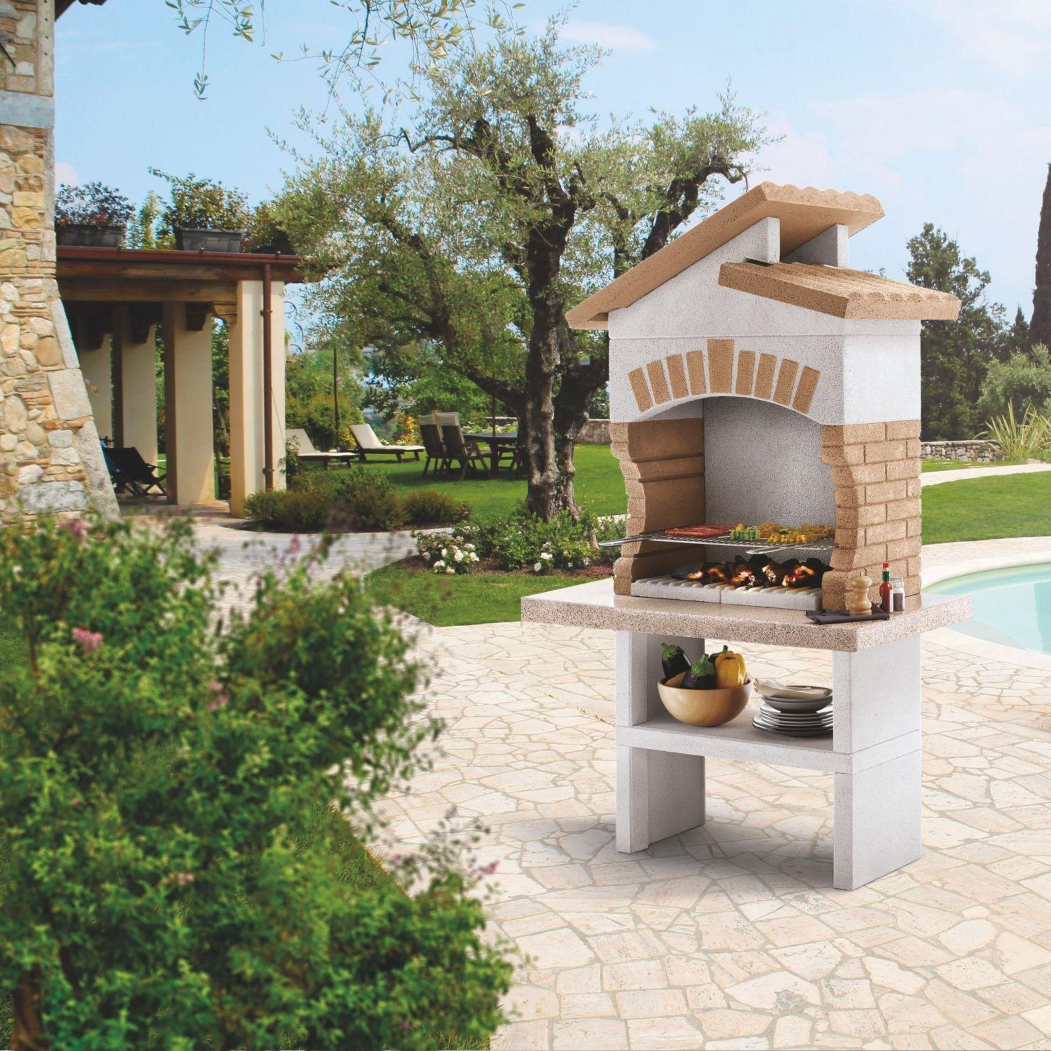 Voir la diapositive 2 : PALAZZETTI Barbecue fixe charbon - En pierre blanche - 68x40cm - TUPAI