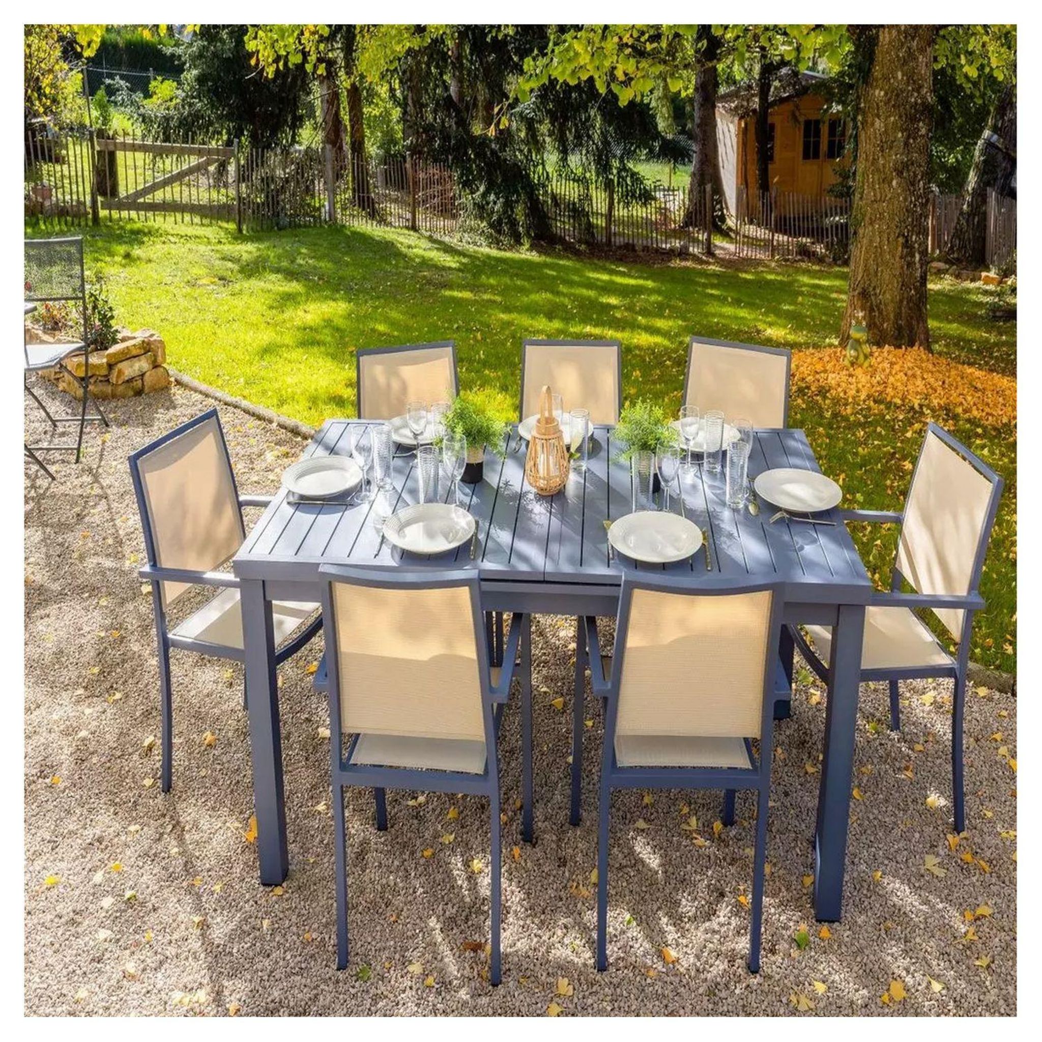 Voir la diapositive 3 : JARDILINE Table de jardin extensible - 8/10 places - Aluminium - Gris bleuté - SANTORIN