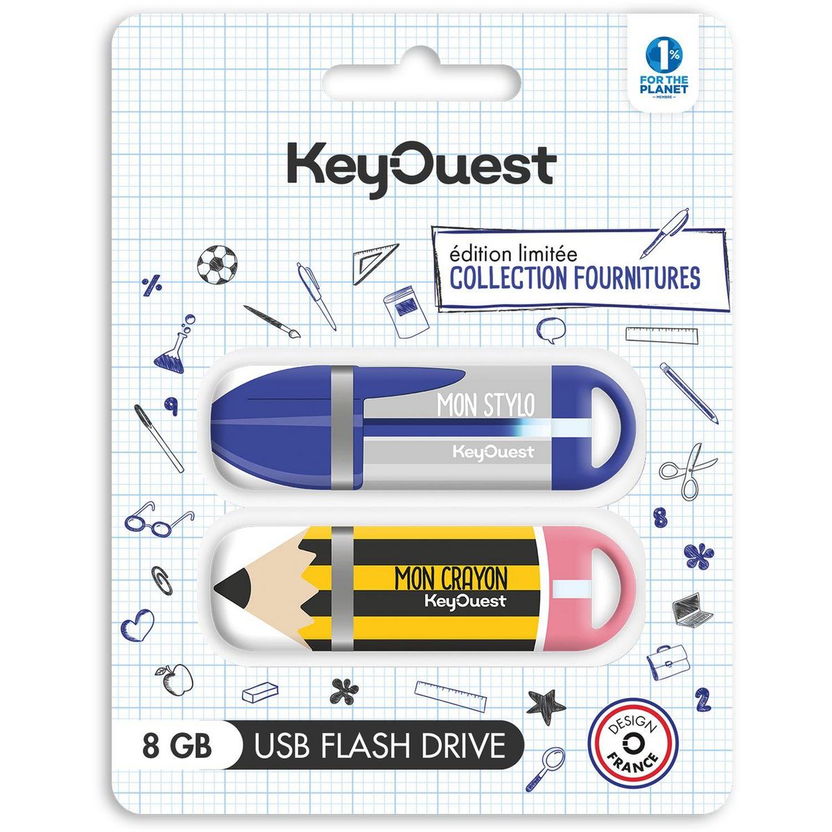 KEYOUEST Clé USB 2x8Go Crayon Papier et Stylo bleu