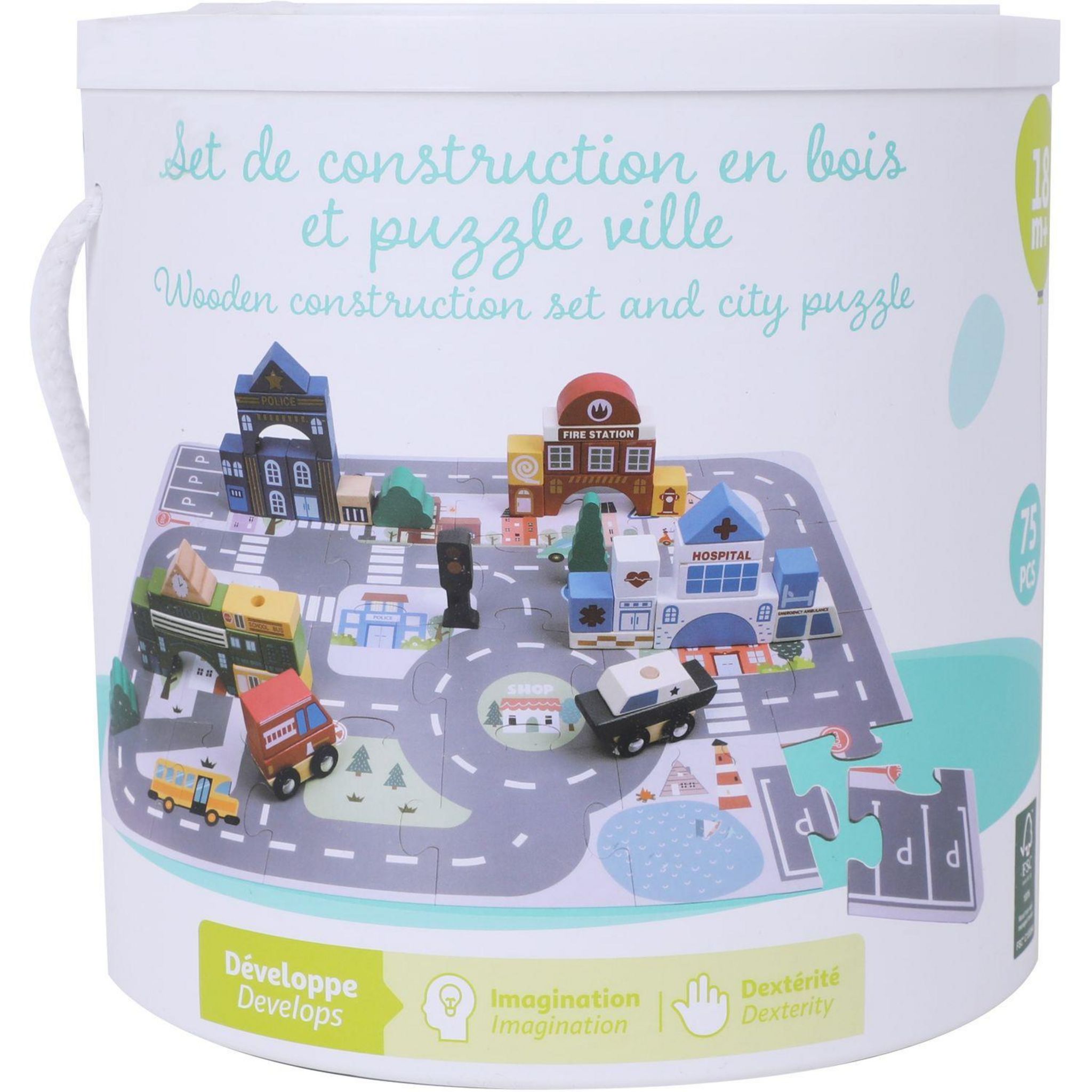 Voir la diapositive 4 : ONE TWO FUN Set de construction en bois et puzzle ville