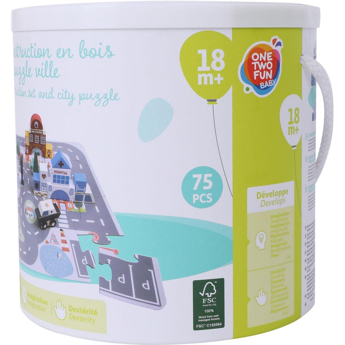 ONE TWO FUN Set de construction en bois et puzzle ville