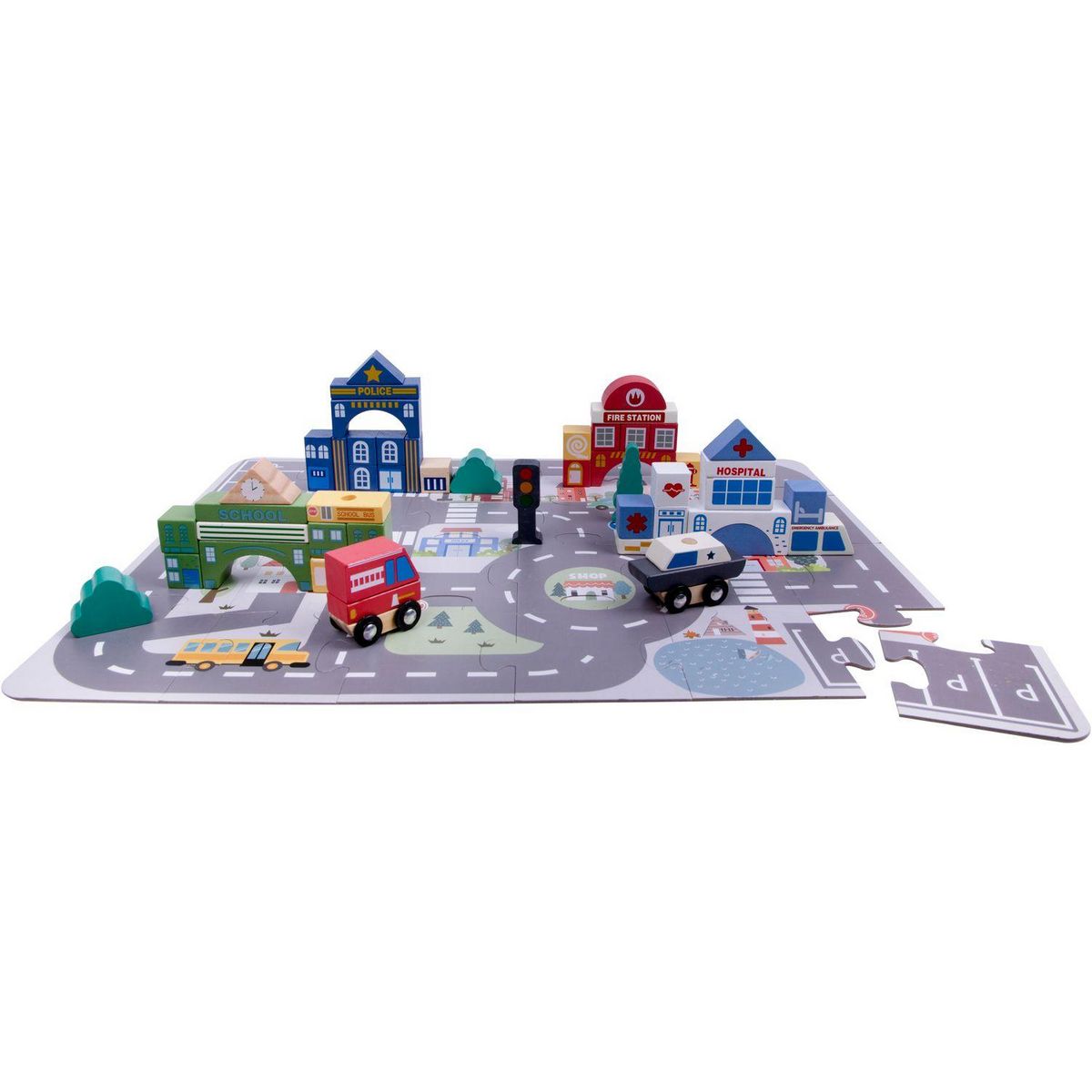 ONE TWO FUN Set de construction en bois et puzzle ville