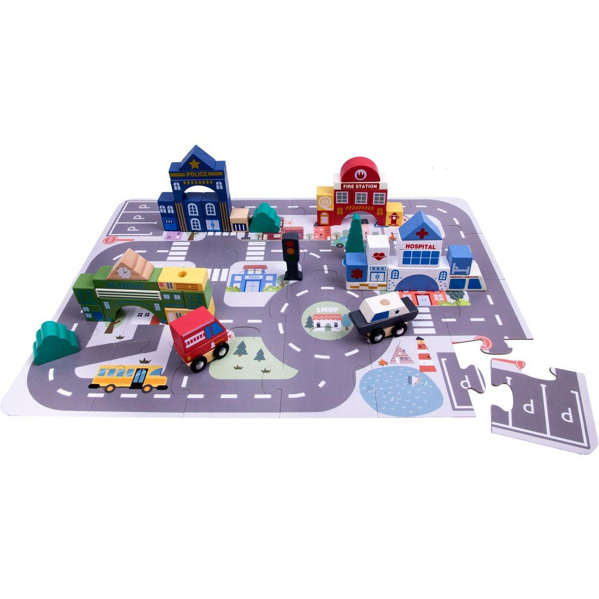 ONE TWO FUN Set de construction en bois et puzzle ville