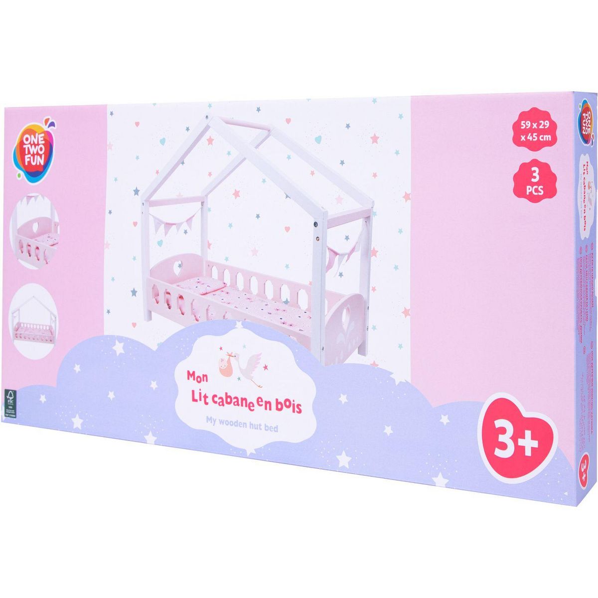 ONE TWO FUN Lit cabane pour poupée en bois