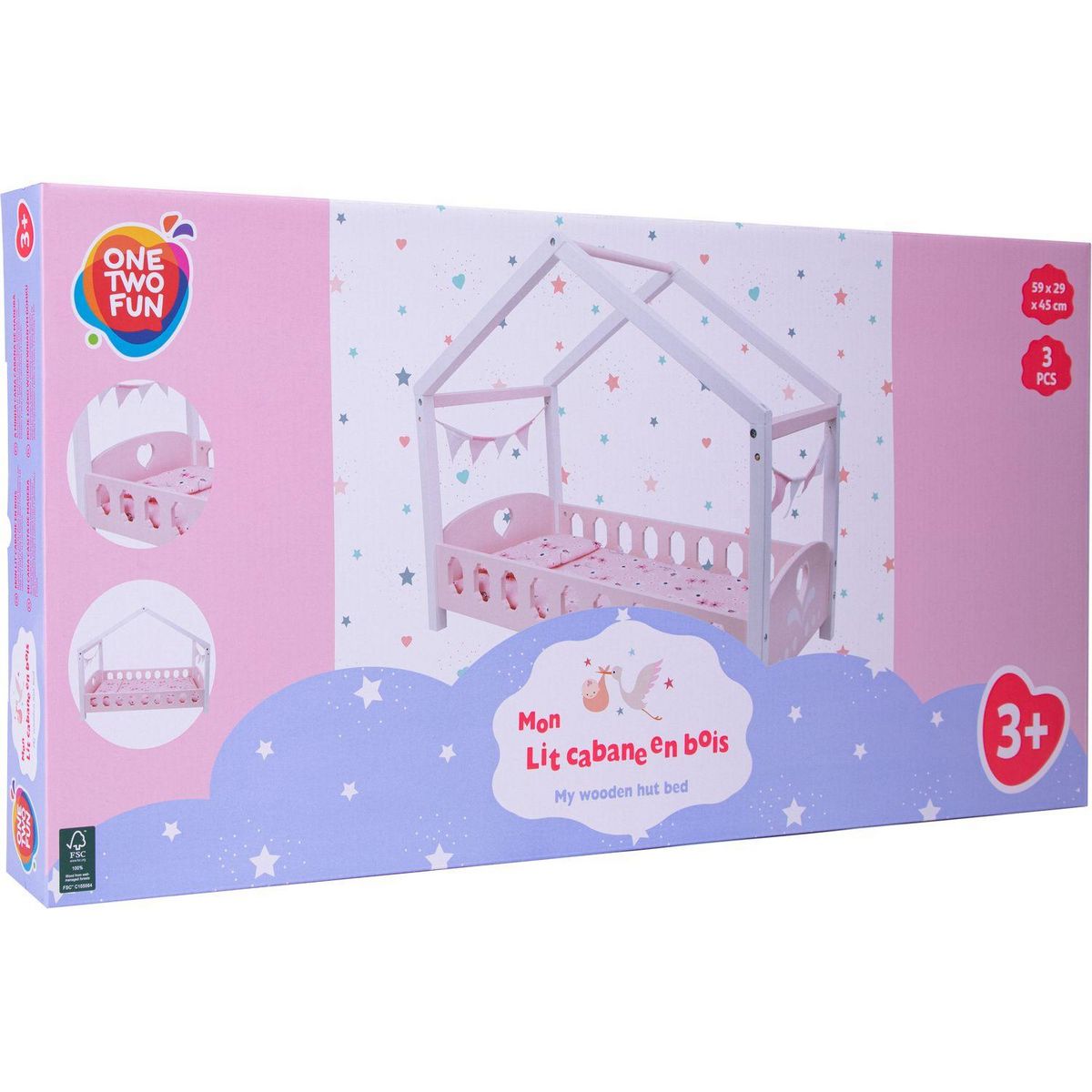 ONE TWO FUN Lit cabane pour poupée en bois