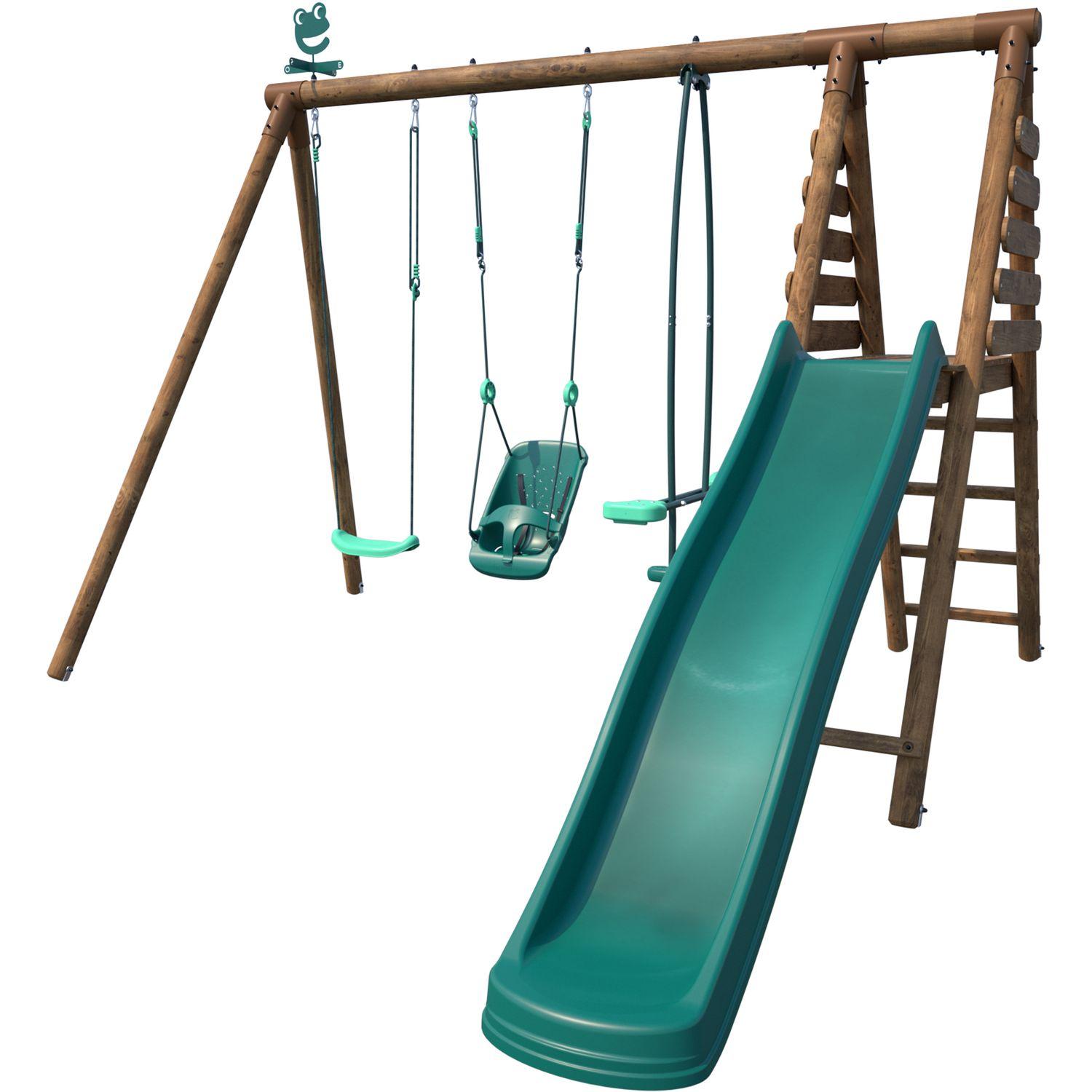 Voir la diapositive 2 : SOULET Portique balançoire avec toboggan - Bois - H2,20m -TULIPE