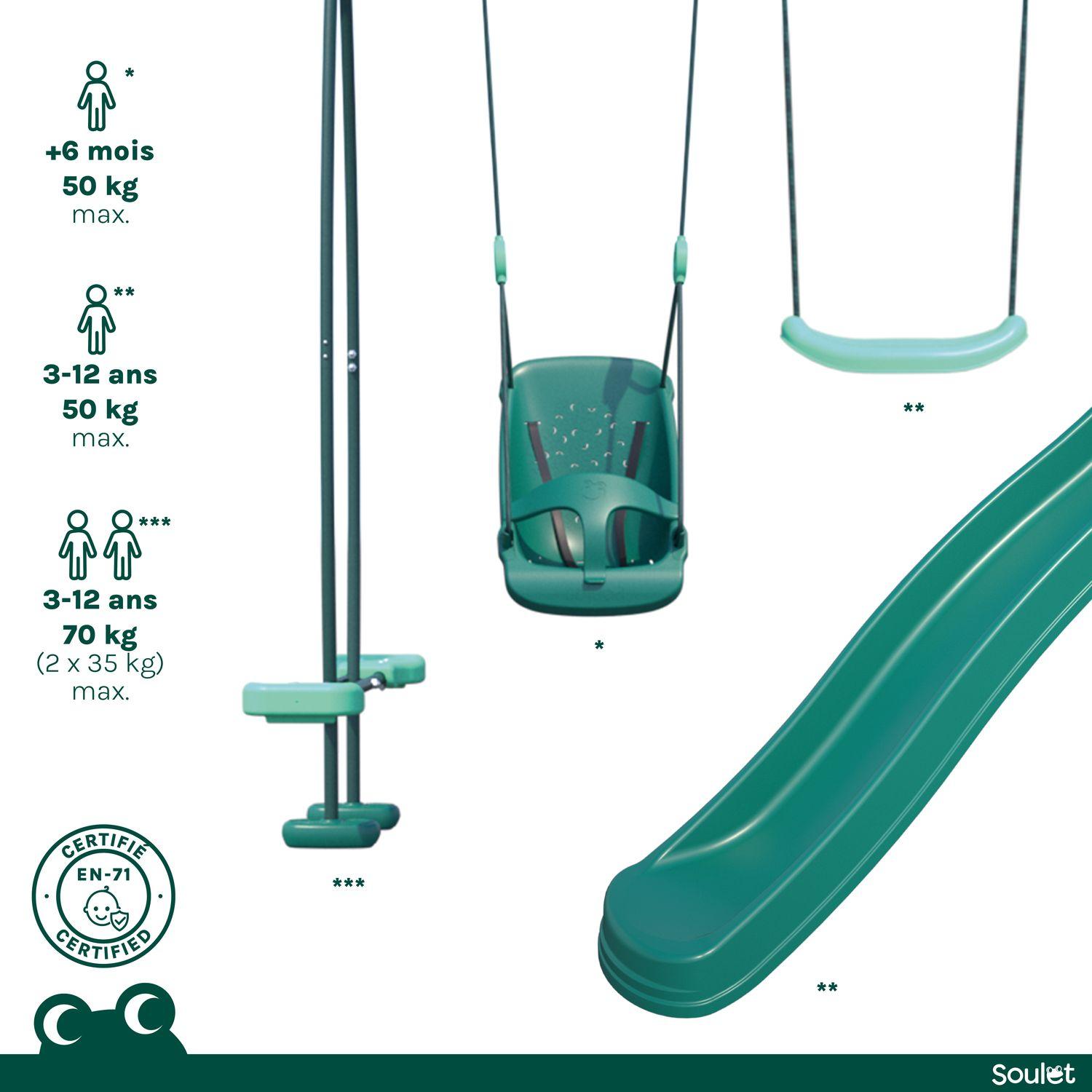 Voir la diapositive 3 : SOULET Portique balançoire avec toboggan - Bois - H2,20m -TULIPE