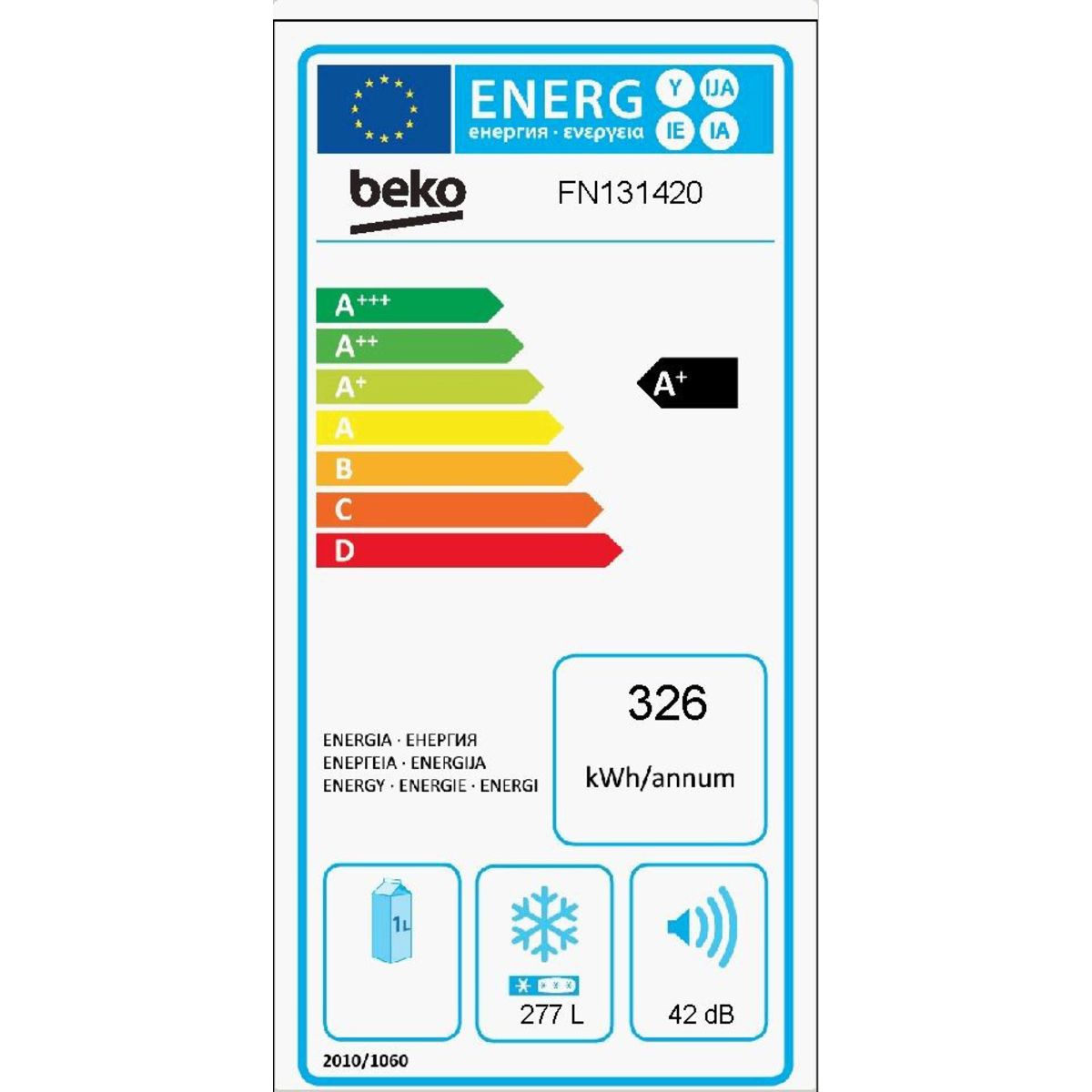 BEKO Congélateur armoire RFNE312E23W, 275 L, Froid No Frost