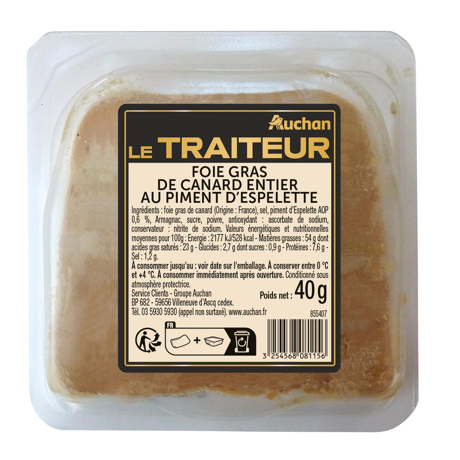 AUCHAN LE TRAITEUR Foie gras entier de canard au piment d'Espelette 40g