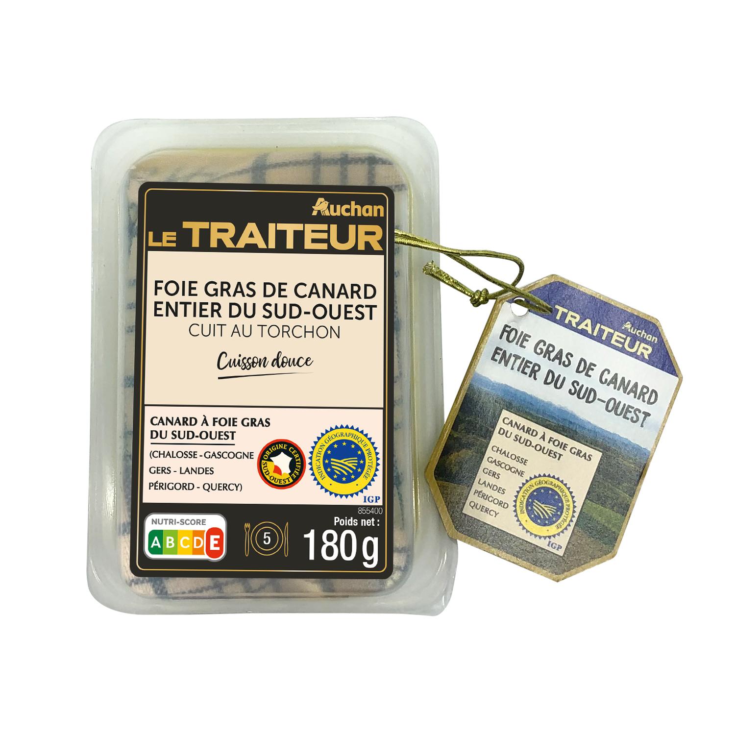 AUCHAN LE TRAITEUR Foie gras entier de canard du Sud-Ouest cuit au torchon IGP 180g