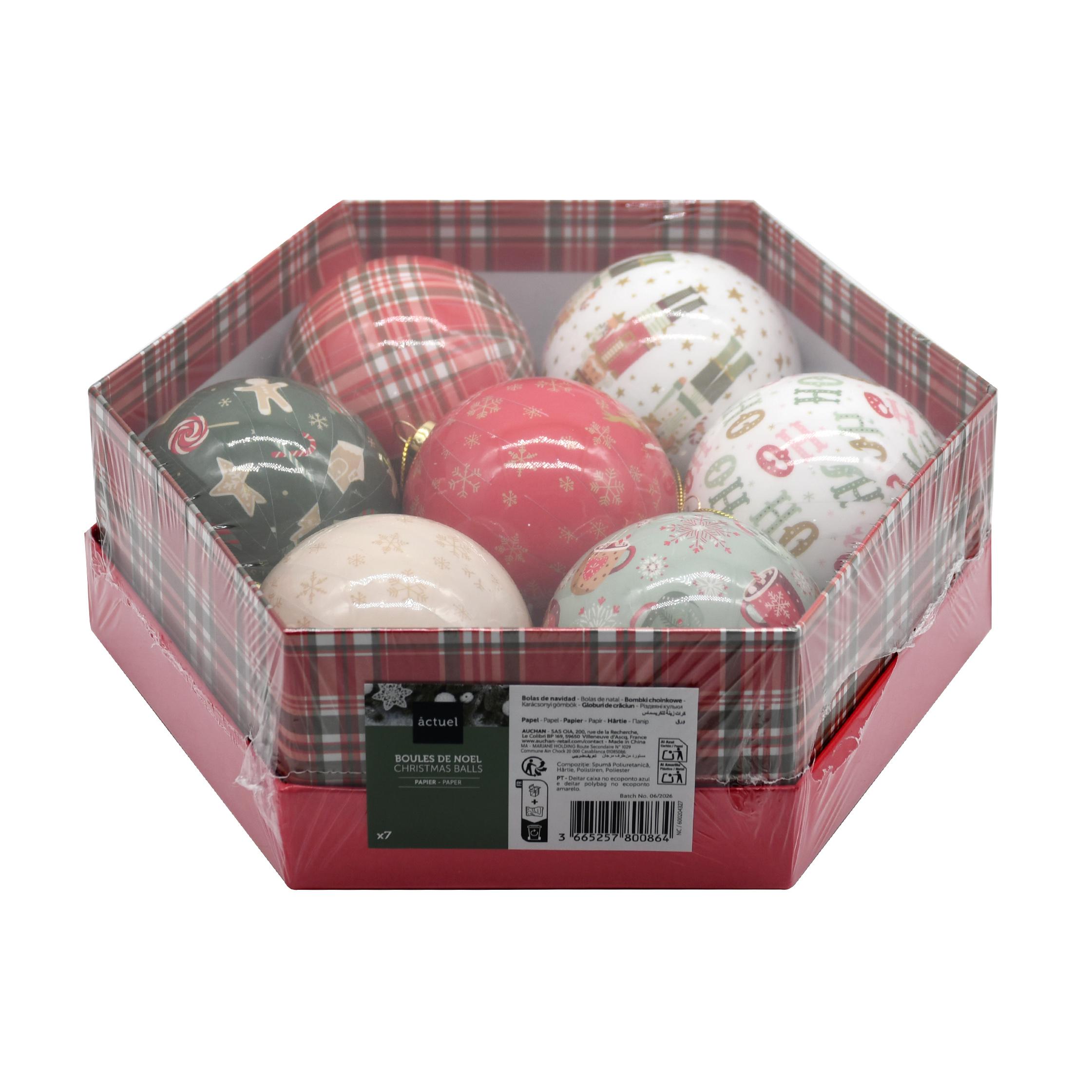 ACTUEL Coffret de 7 Boules de Noël Ø 7,8 cm - Thématique Noël Nostalgique