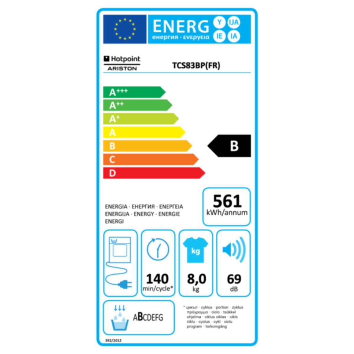 HOTPOINT Sèche-linge porte pleine TCS 83 BP FR, Condensation, 8Kg