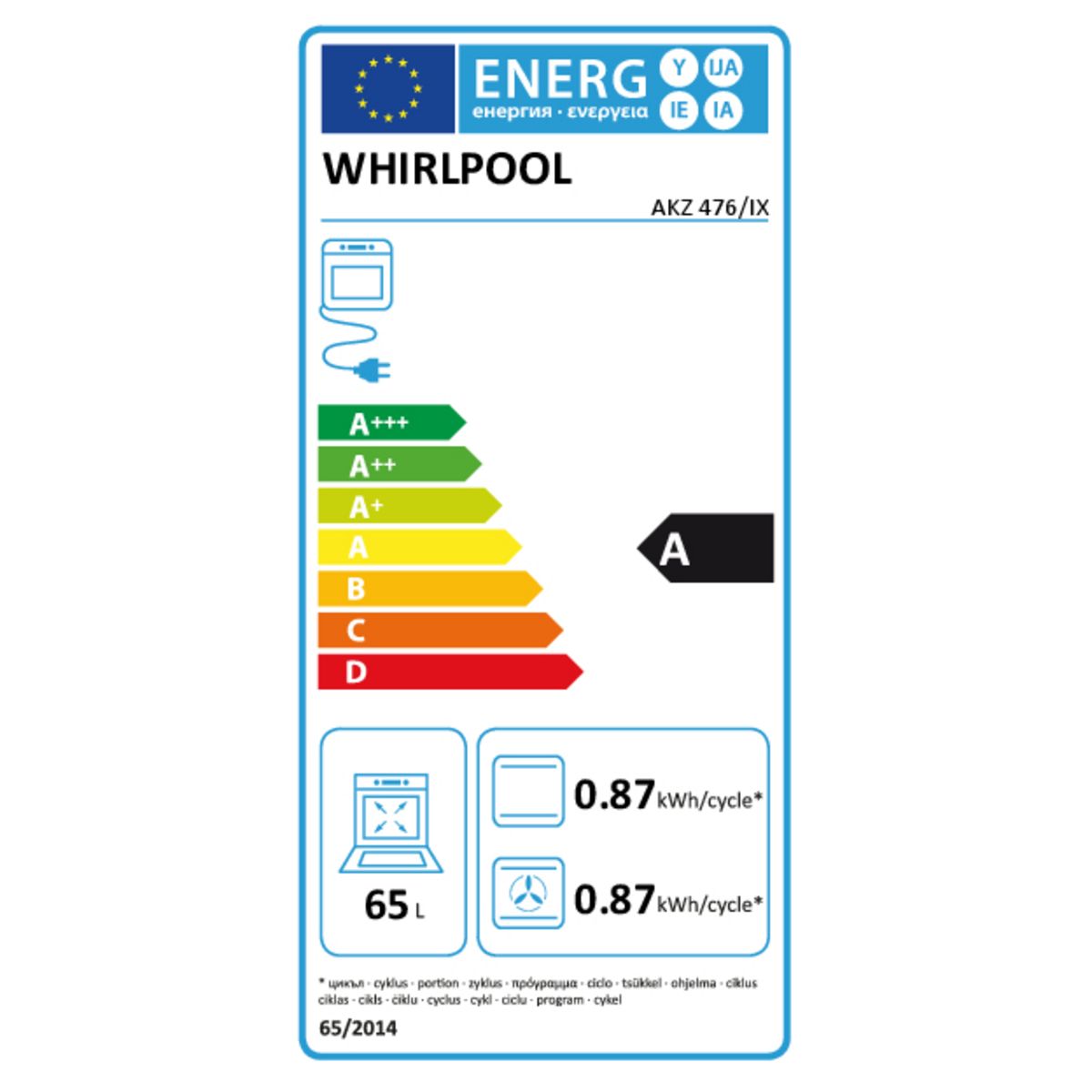 WHIRLPOOL Four encastrable AKZ476IX, 65 L, Multifonction, Chaleur tournante, Nettoyage pyrolyse