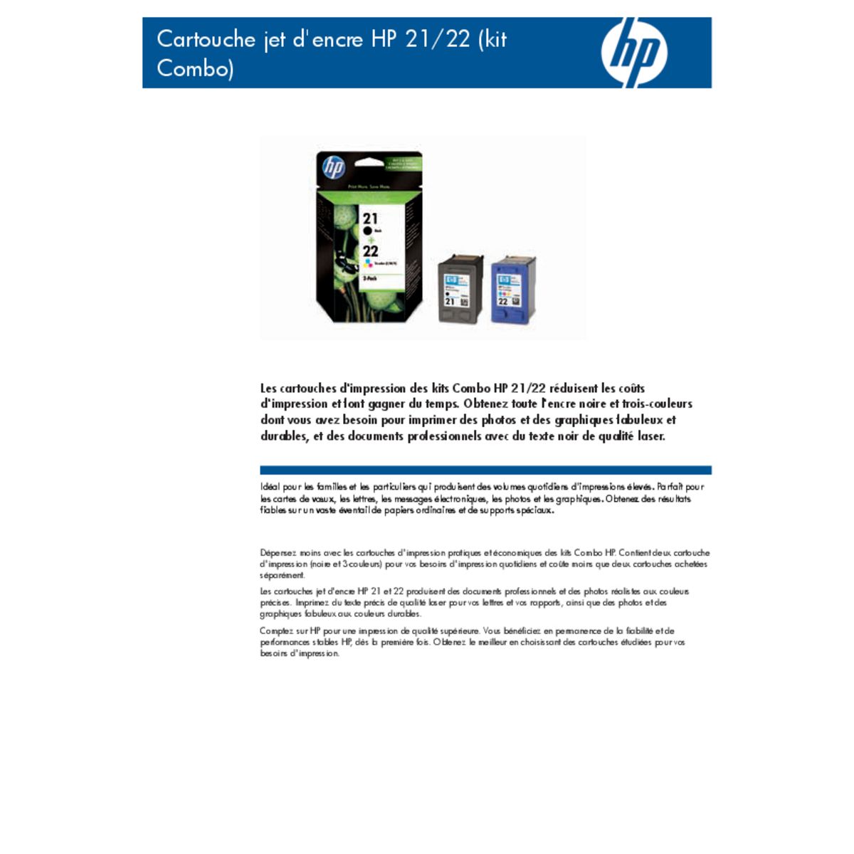 HP Pack de 2 Cartouches d'Encre HP 21 / 22 Noire et Trois Couleurs Authentiques (SD367AE)