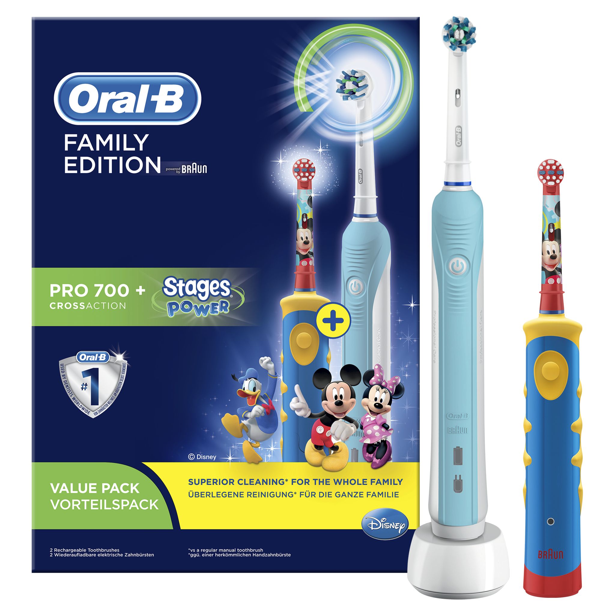 Voir la diapositive 2 : ORAL B Brosses à dent Pack Famille avec 2 manches, 1 manche Pro 700 Cross action + 1 Manche Stages Power pour enfants