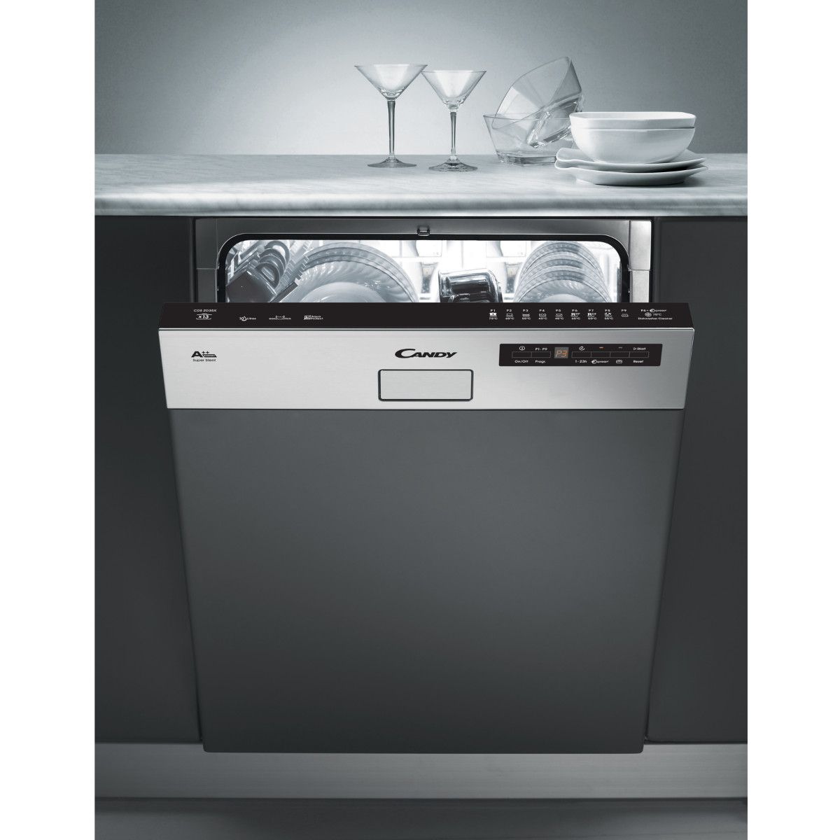 CANDY Lave-vaisselle semi encastrable CDS2D35X, 13 Couverts, 60 cm, 46 dB, 10 Programmes