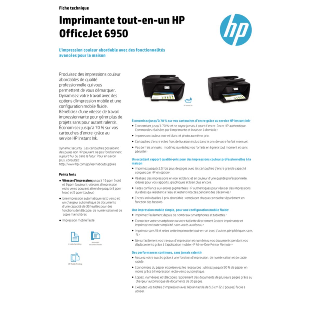 HP Imprimante Multifonction - Jet d'encre thermique - OFFICEJET PRO 6950