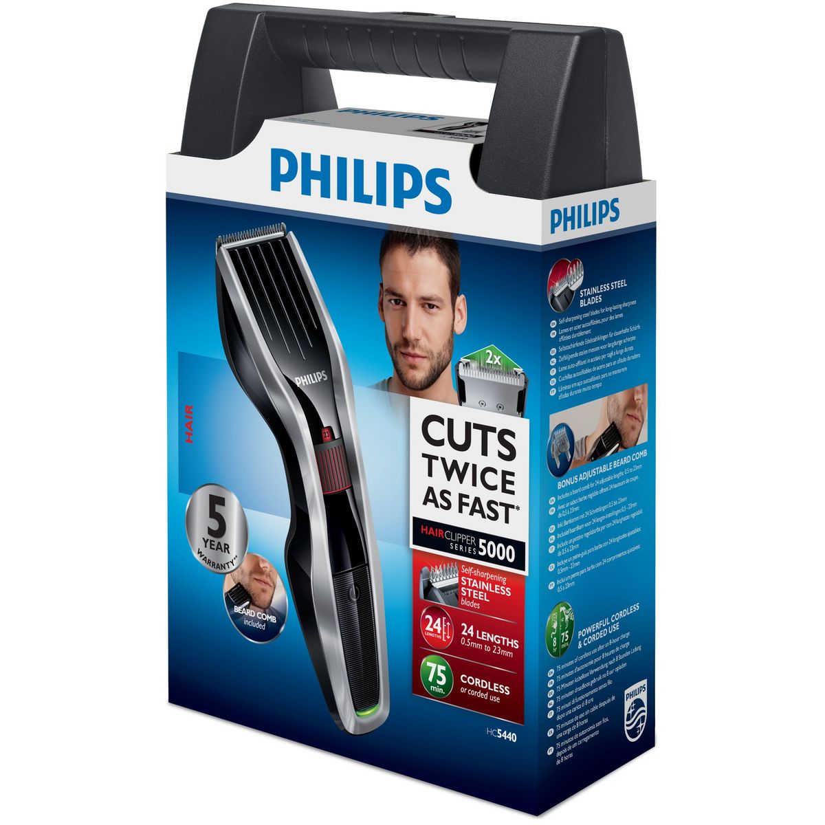 PHILIPS Tondeuse HC5440/80 Noir 24 hauteurs de coupe 75 min d'autonomie Technologie DualCut