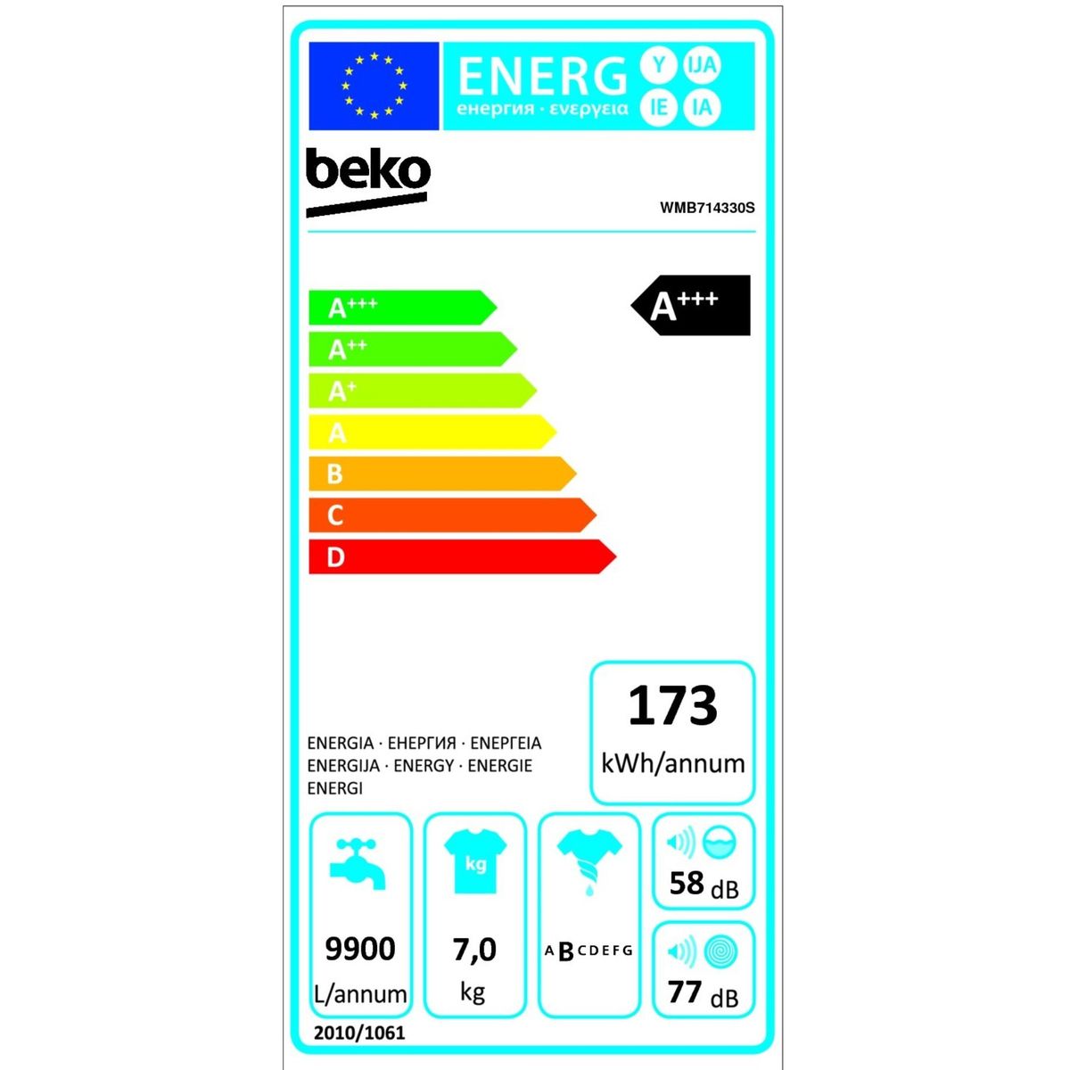 BEKO Lave-linge hublot WMB714330S, 7 Kg, 1400 T/min