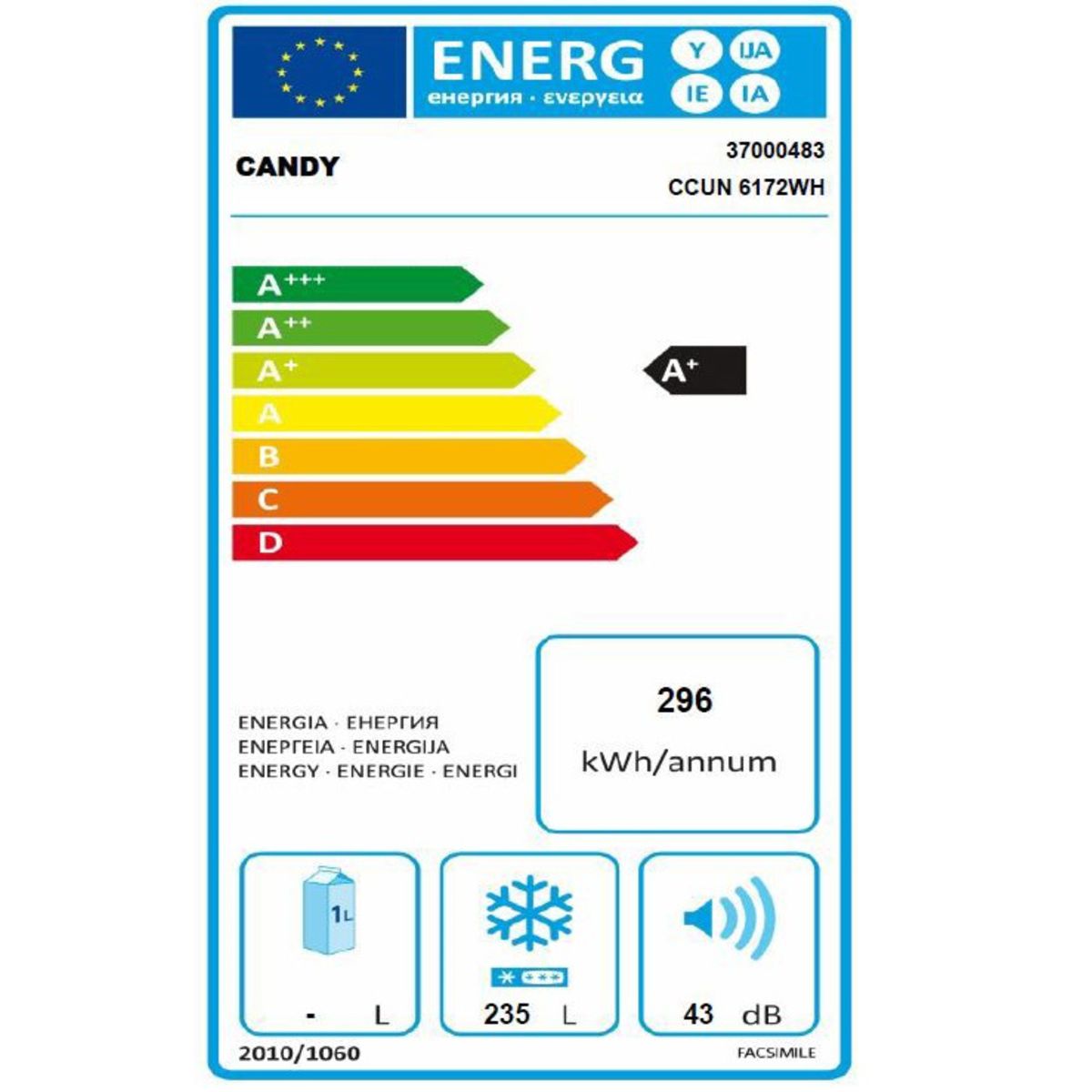 CANDY Congélateur armoire CCUN6172WH, 235 L, Froid Ventilé
