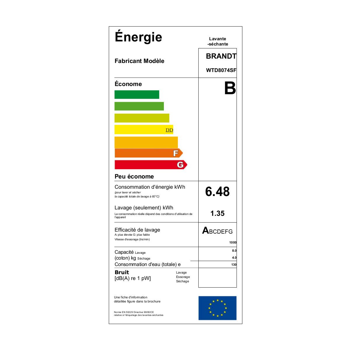 BRANDT Lave-linge séchant top WTD8074SF, 8 Kg, 1000 T/min, 4 Kg de séchage, Condensation