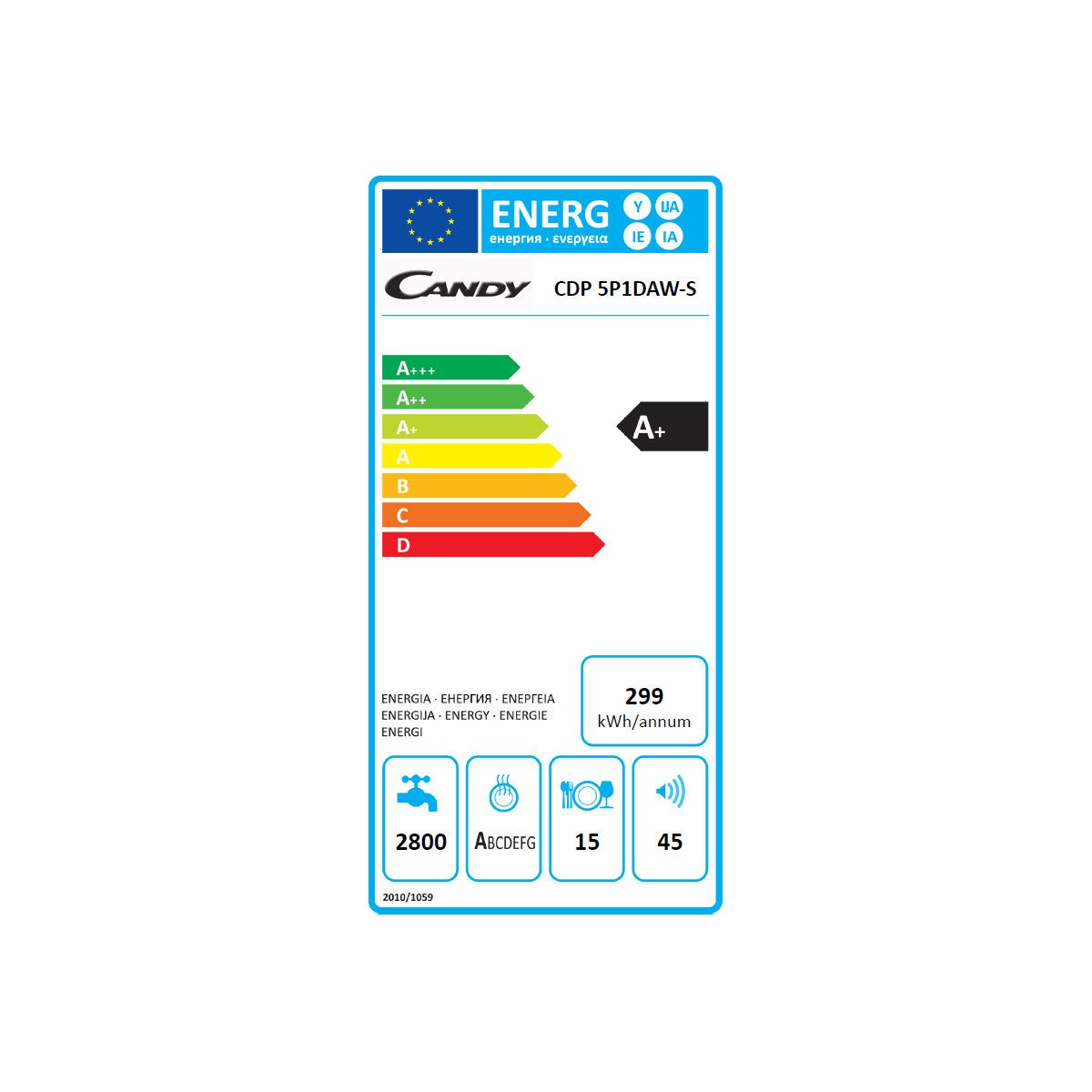 CANDY Lave-vaisselle CDP 5P1DAW, 15 Couverts, 60 cm, 45 dB, 10 Programmes