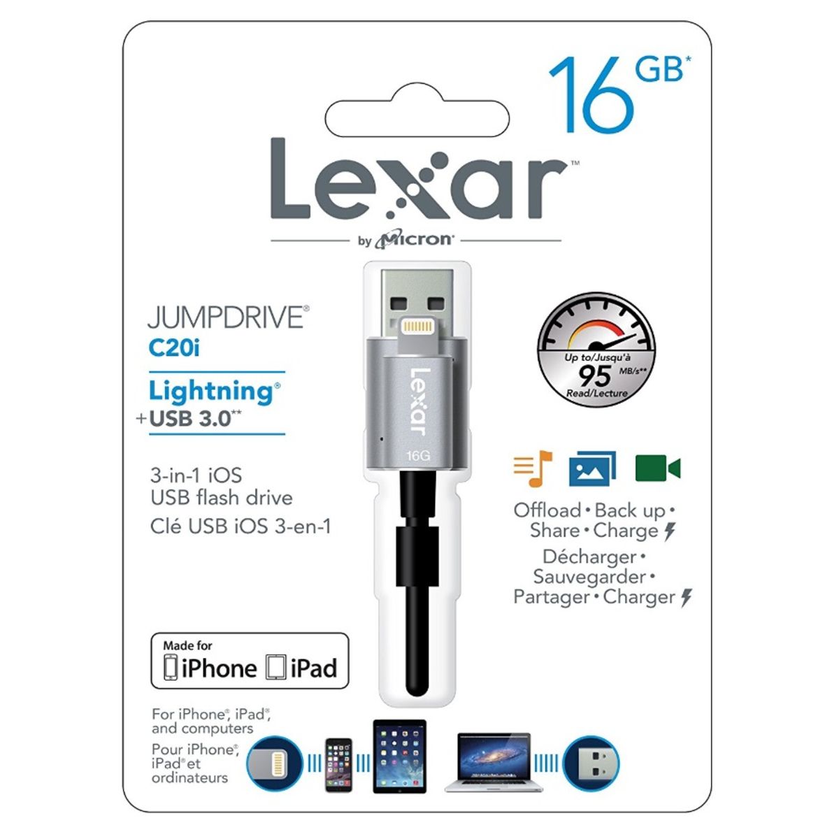 LEXAR Clé USB LJDC20i - USB 3.0 - 16 Go - Noir/gris