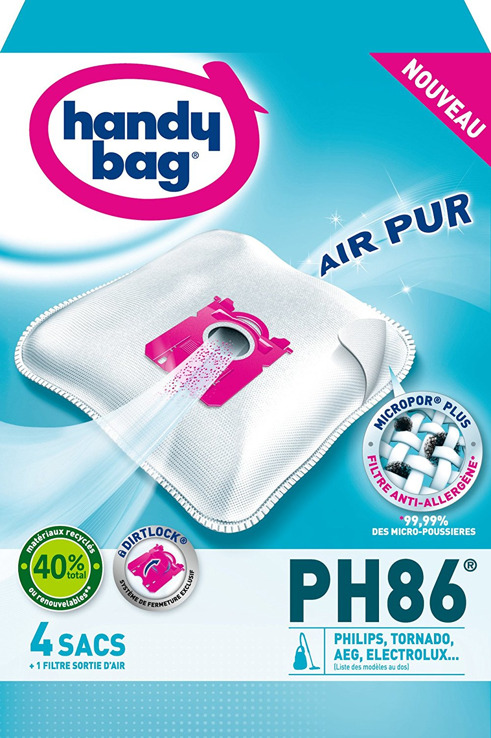 Voir la diapositive 2 : HANDY BAG Lot 4 Sacs Aspirateur en Microfibre PH86 AirSpace Technology